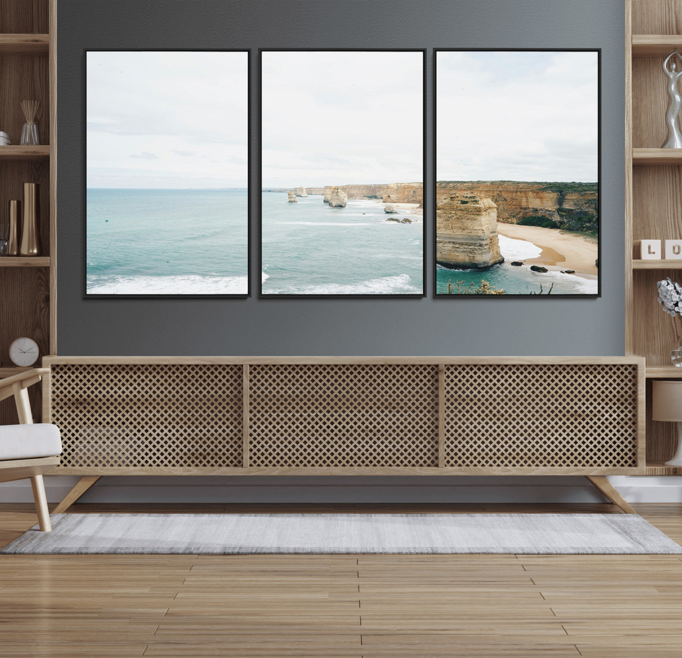 70095633-MGV-FC-60X30-3P_Black-Twelve Apostles Wall Art Canvas Print – Framed Coastal Cliffs Rugged Rock Formations Artwork for Home Office