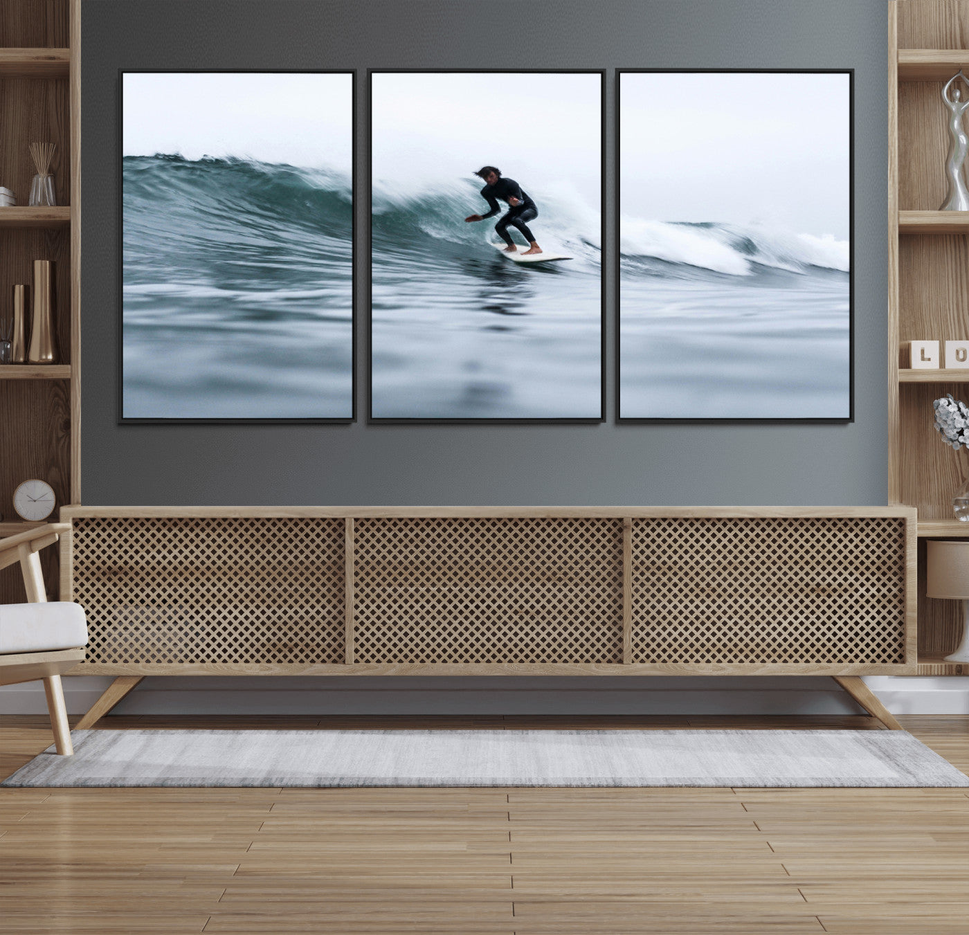 MGV-FC-60X30-3P - Surfer on Wave Wall Art Canvas Print, Framed Ocean Adventure Art Picture Print, Motion Blur Water Perfect Coastal Adventure Decor Artwork
