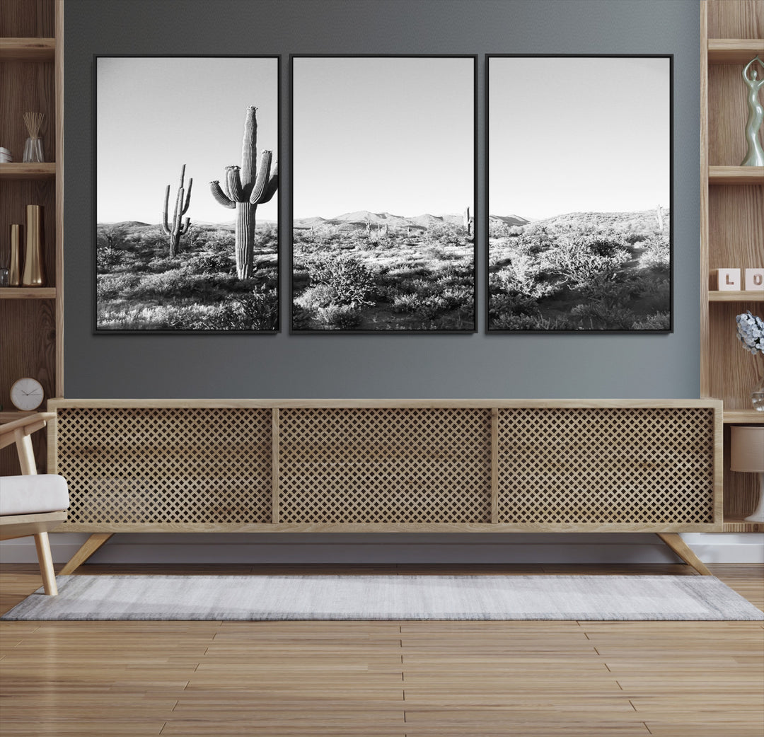 Saguaro Cactus Wall Art Canvas Print, Monochrome Landscape Print, Framed Scenic Arizona Art Print, Large Timeless Western Aesthetic Printing