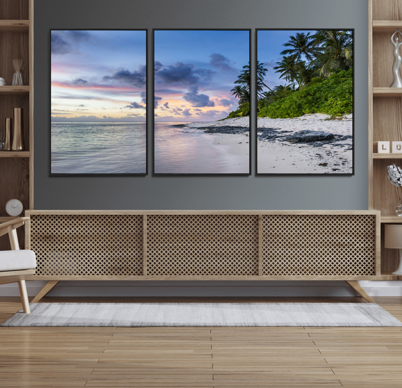 MGV-FC-60X30-3P - Tropical Beach Wall Art Canvas Print, Framed Sunset Glow Art Picture Print, Palm Tree Coast Perfect Tropical Coastal Decor Artwork