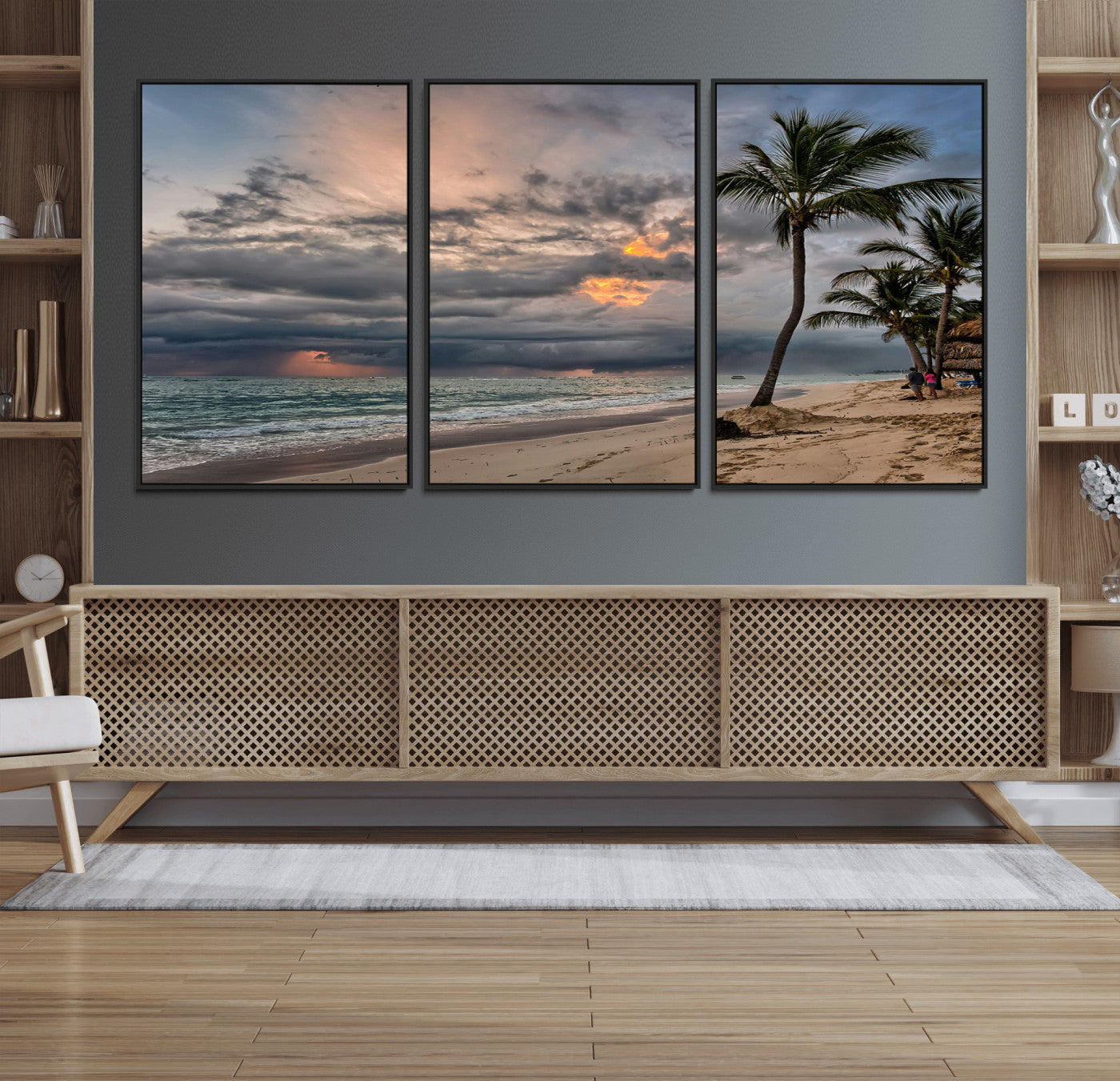62574547-MGV-FC-60X30-3P_Black-Tropical Storm Wall Art Canvas Print – Framed Moody Beach Dramatic Sky Tropical Coastal Landscape Artwork for Home, Office