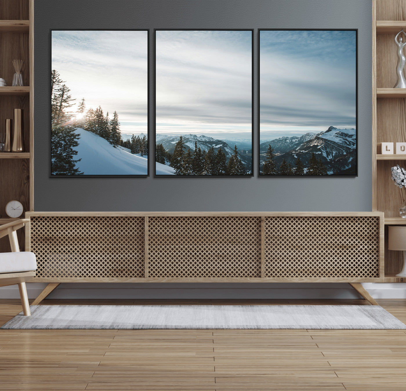 55564749-MGV-FC-60X30-3P_Black-Snowy Mountains Wall Art Canvas Print – Framed Alpine Landscape Frosty Peaks Nordic Minimalist Nature Artwork for Home, Office