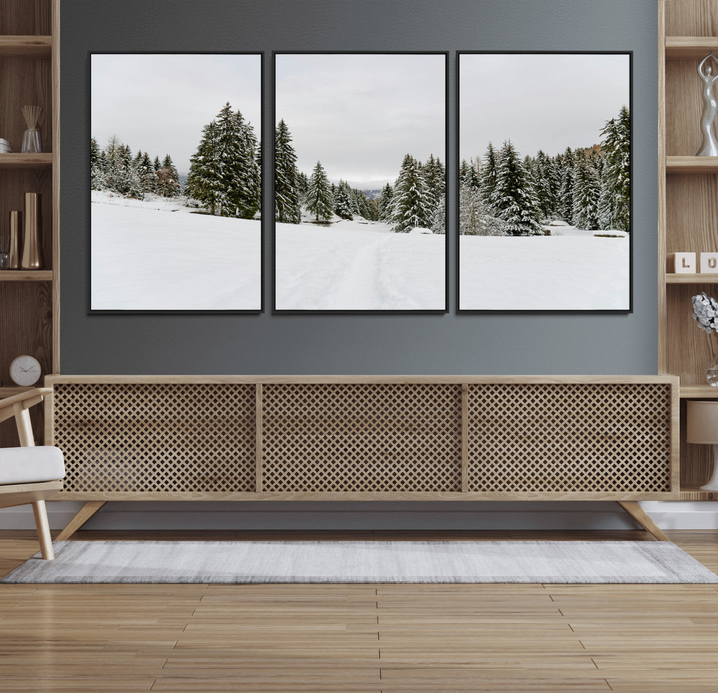 24581417-MGV-FC-60X30-3P_Black-Frosty Pines Wall Art Canvas Print – Framed Silent Snowfall Cozy Cabin Nordic Minimalist Winter Landscape Artwork for Home, Office
