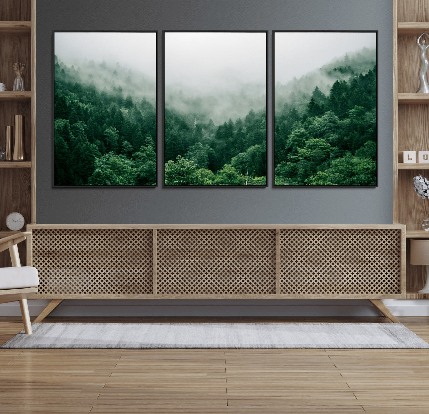 MGV-FC-60X30-3P - Misty Green Forest Canvas Print – Serene Foggy Pine Landscape Wall Art, Tranquil Nature Decor for