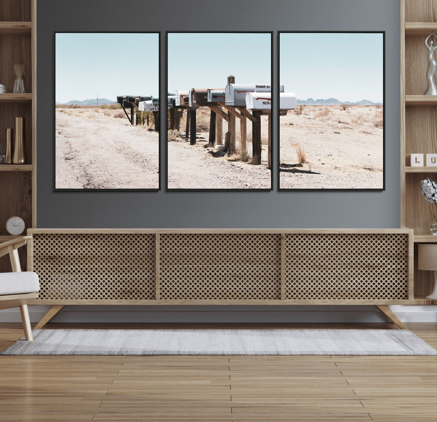 MGV-FC-60X30-3P - Desert Mailboxes Canvas Print – Minimal Western Landscape Photography, Rustic Americana Wall Art for