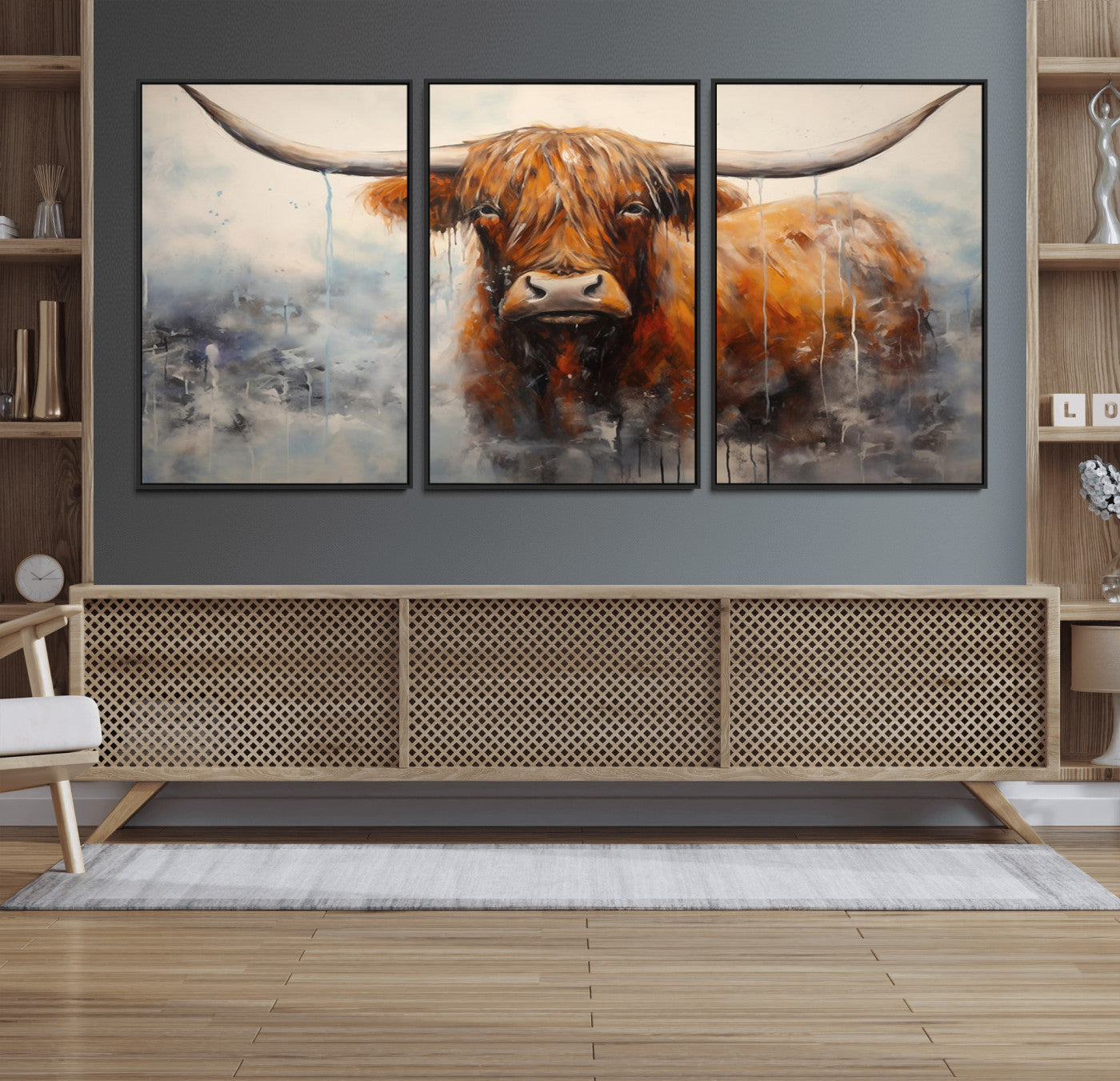 MGV-FC-60X30-3P - Scottish Highland Wall Art Canvas Print, Framed Longhorn Art Picture Print, Western Cow Perfect Farmhouse Decor Artwork