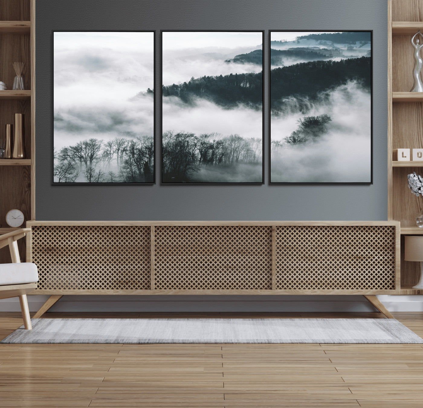 67569654-MGV-FC-60X30-3P_Black-Foggy Forest Landscape Wall Art Canvas Print – Misty Mountain Valley Scene Monochrome Tones Nature Artwork for Home Office