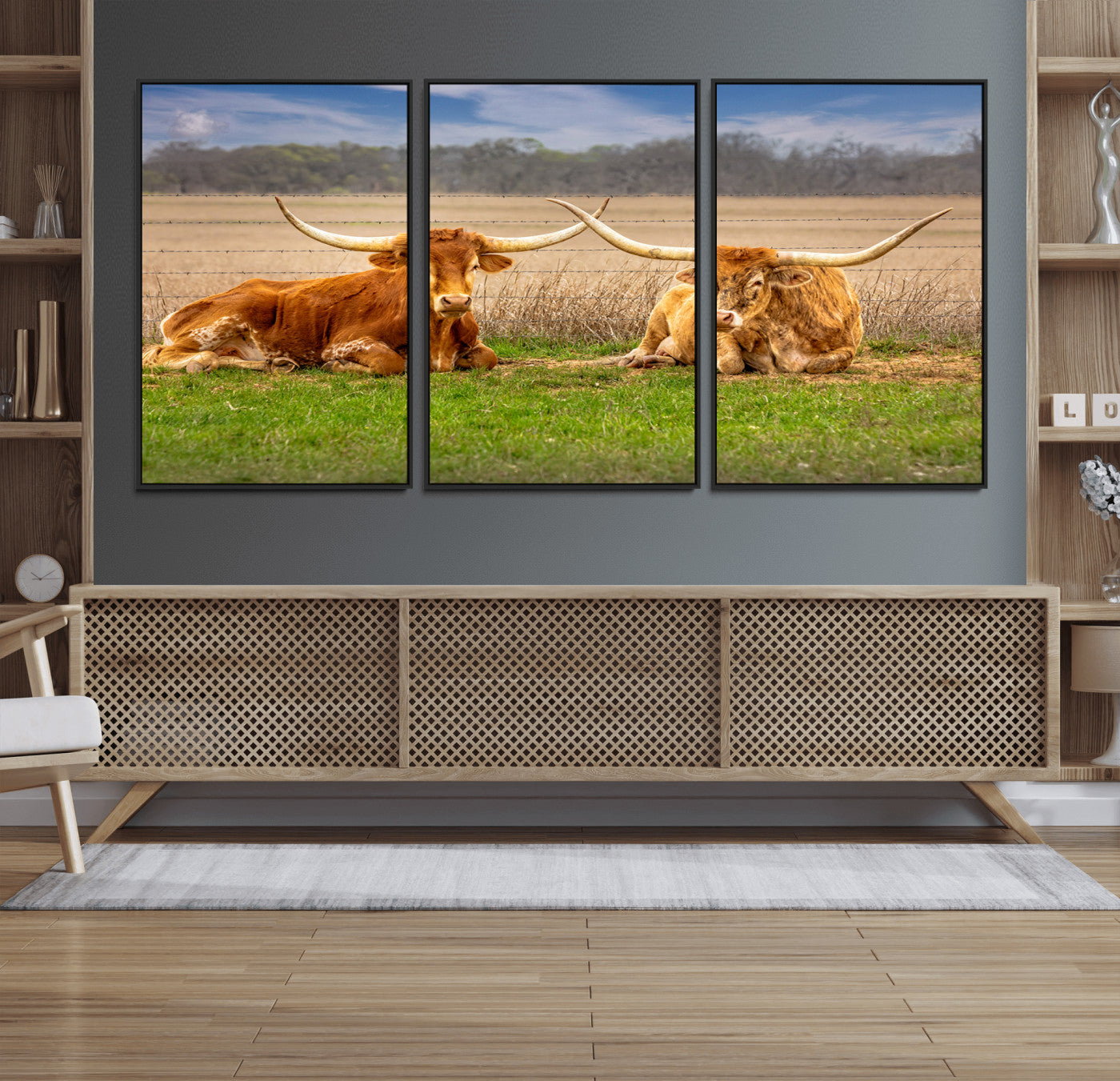 MGV-FC-60X30-3P - Texas Longhorn Pair Wall Art Canvas Print – Peaceful Rustic Ranch Scene with Two Cattle in Field,