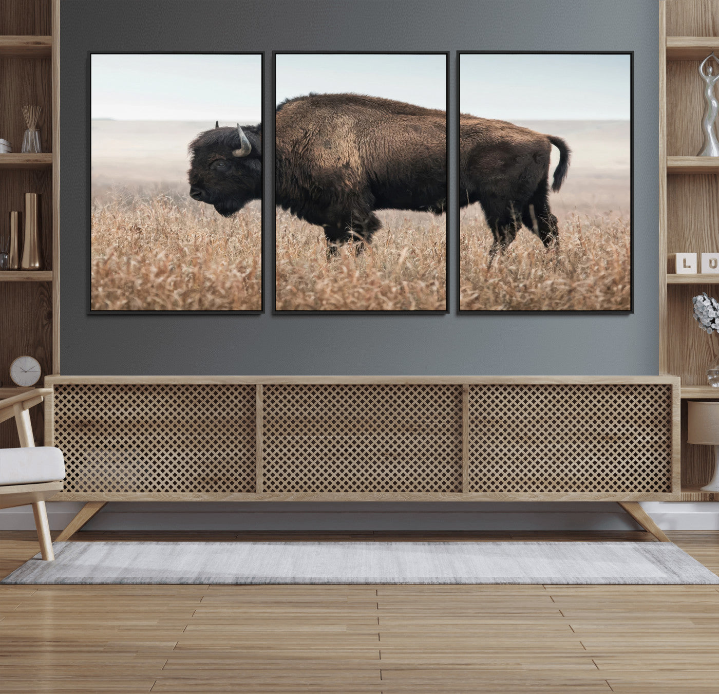 69909079-MGV-FC-60X30-3P_Black-American Bison Field Wall Art Canvas Print – Majestic Buffalo Grazing Wide Open Plains Wildlife Artwork for Home, Office