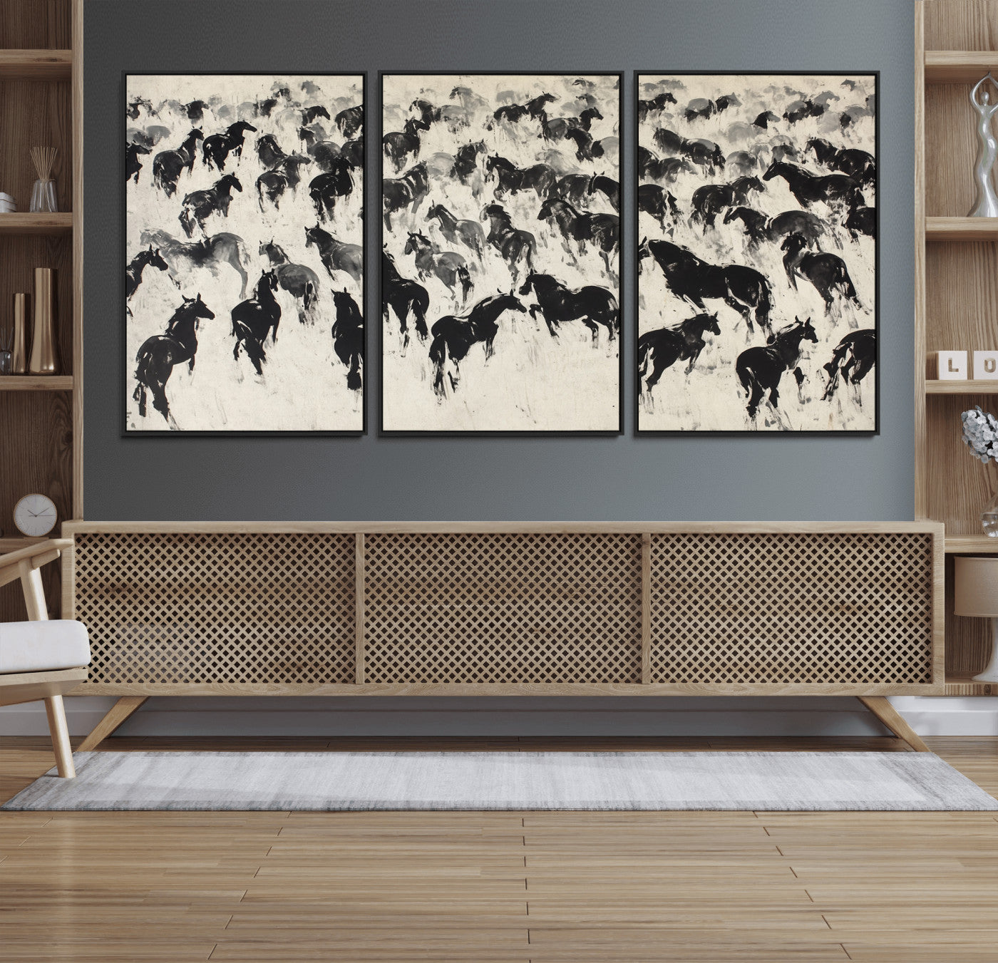 29265745-MGV-FC-60X30-3P_Black-Wild Horse Stampede Wall Art Canvas Print – Monochrome Running Horses Dynamic Motion Elegant Scene Artwork for Home, Office