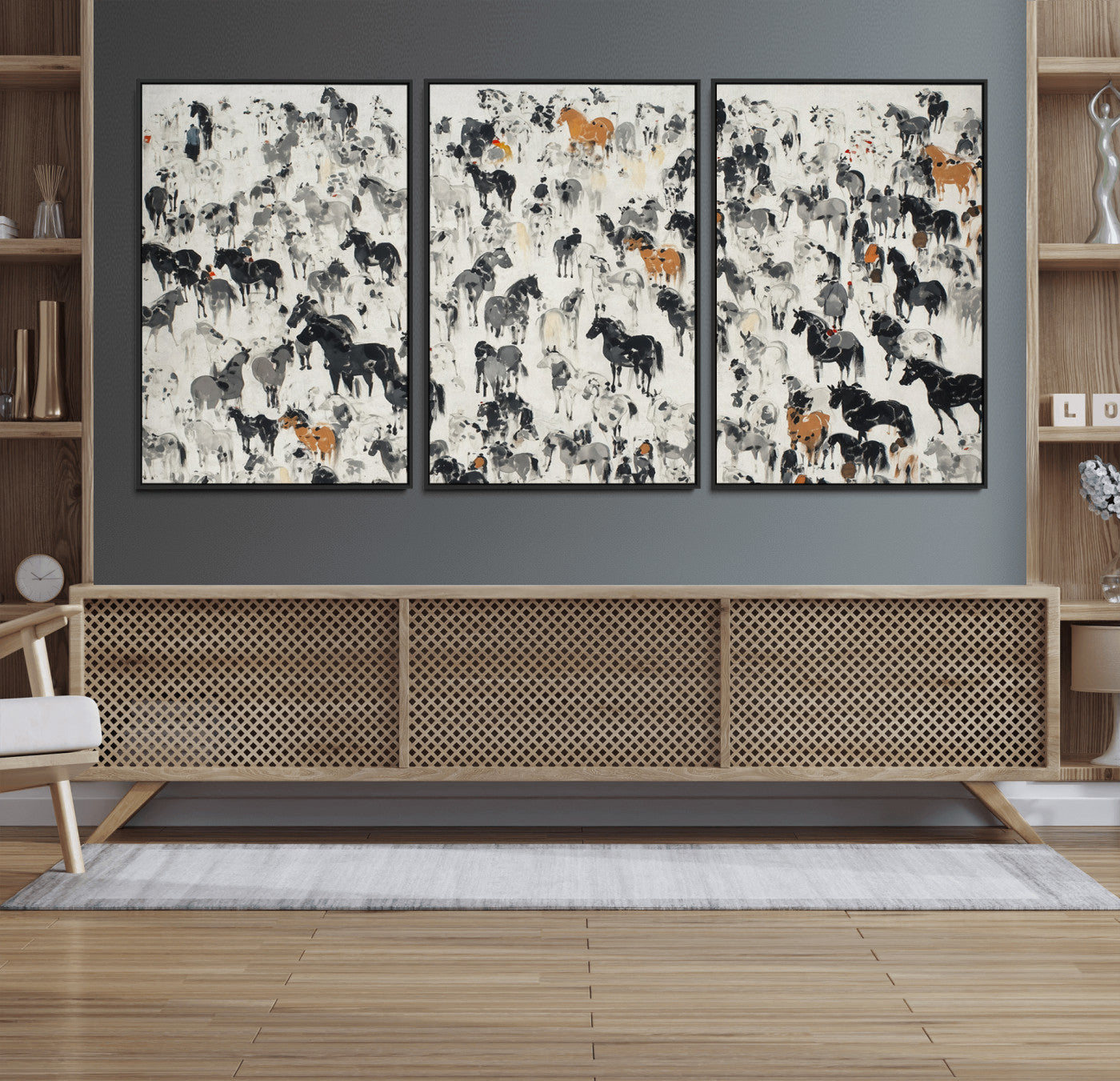 56463722-MGV-FC-60X30-3P_Black-Wild Horse Stampede Wall Art Canvas Print – Monochrome Running Horses Dynamic Motion Elegant Scene Artwork for Home, Office