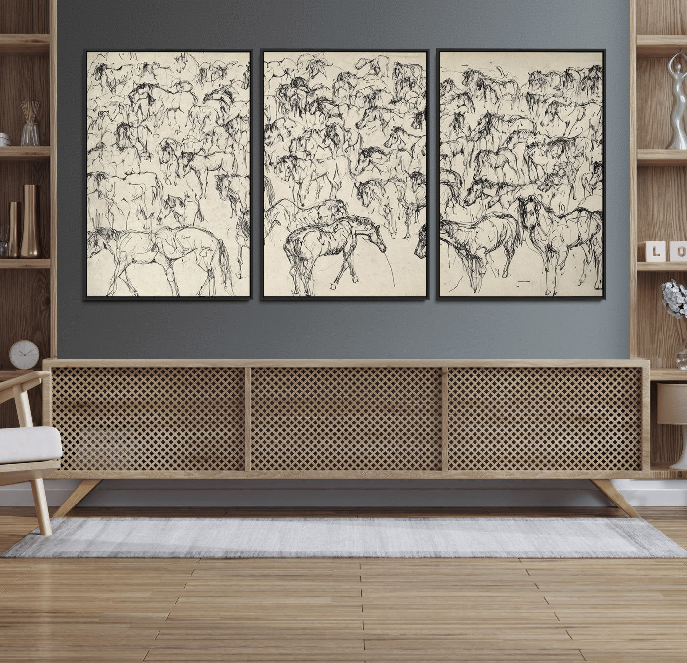 86653927-MGV-FC-60X30-3P_Black-Wild Horse Stampede Wall Art Canvas Print – Monochrome Running Horses Dynamic Motion Elegant Artwork for Home, Office