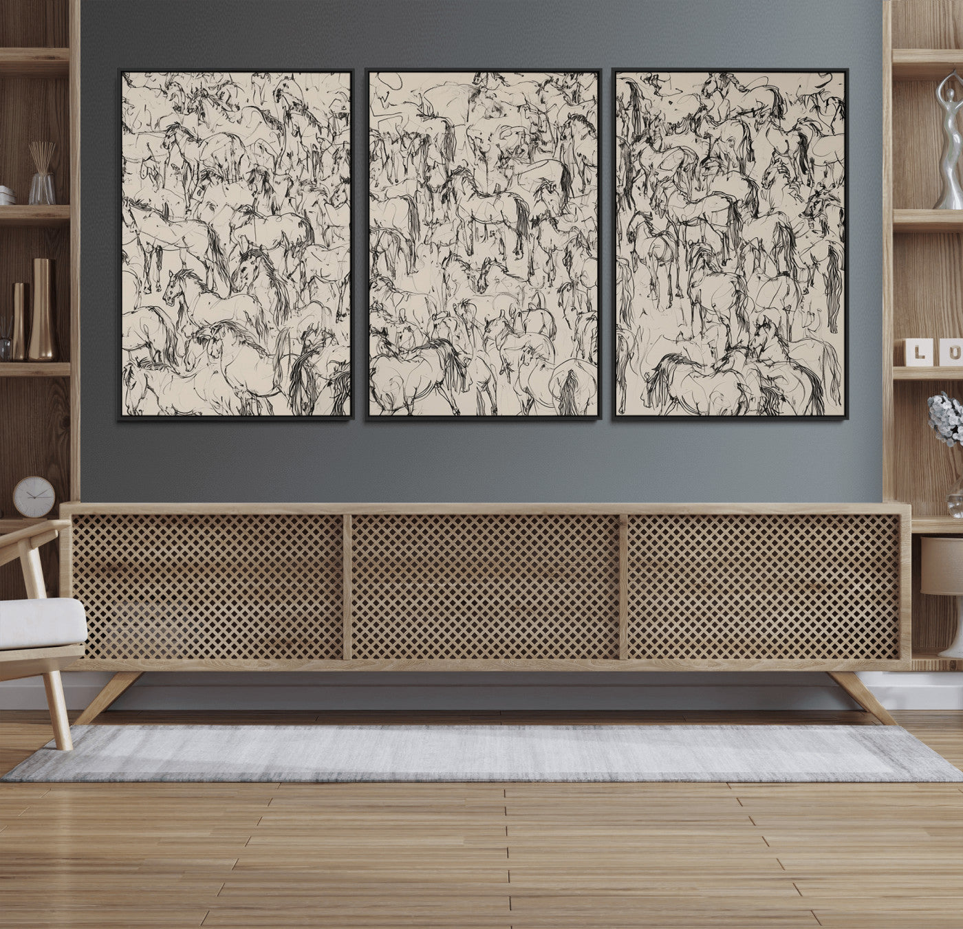 12358908-MGV-FC-60X30-3P_Black-Wild Horse Stampede Wall Art Canvas Print – Monochrome Running Horses Dynamic Motion Elegant Artwork for Home, Office