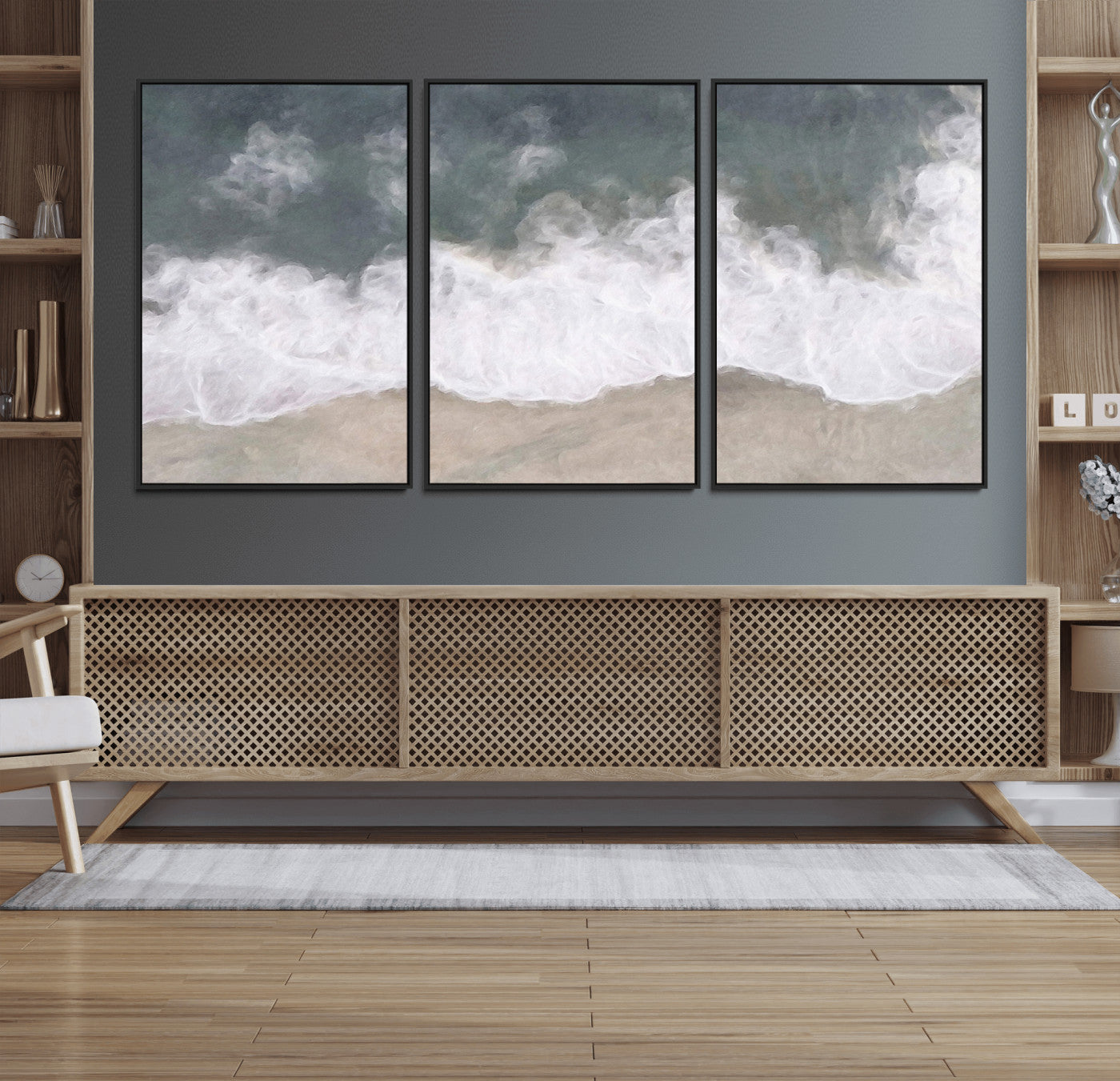 Wall art canvas print featuring foamy ocean waves softly rolling onto a sandy shore with a dreamy, painterly texture.
