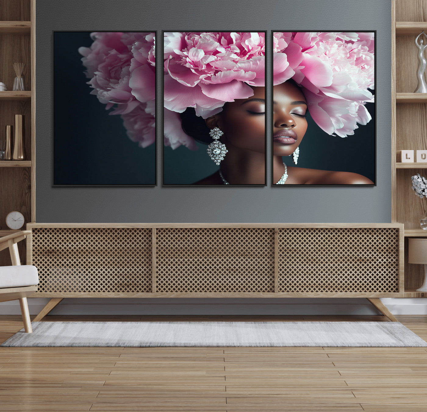 35482880-MGV-FC-60X30-3P_Black-Black Beauty Petal Crown Wall Art Canvas Print – Floral Petal Headpiece Elegant Design, Petal Inspired Artwork for Home, Office