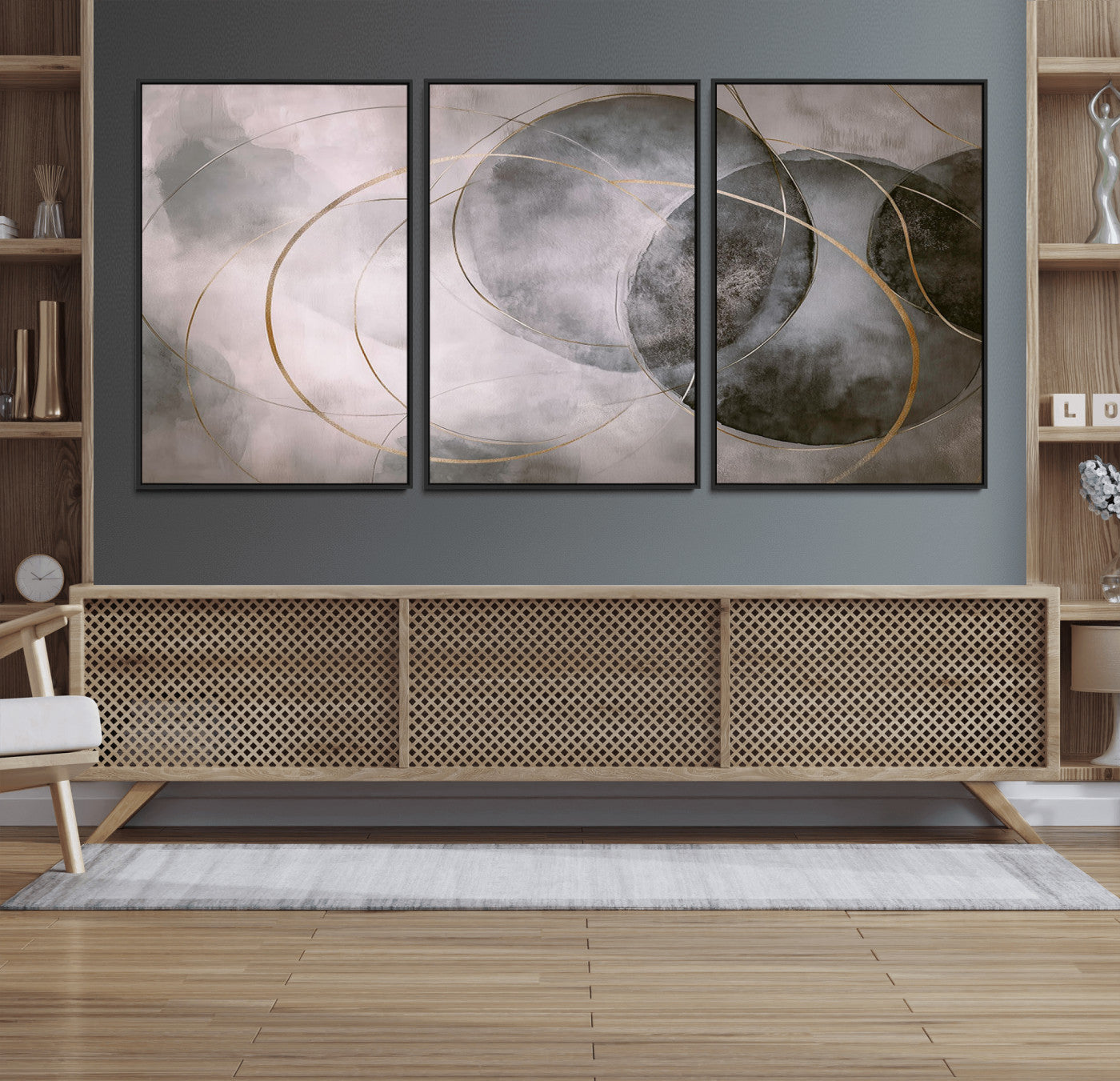 MGV-FC-60X30-3P - Wall Art Canvas Print Abstract Gray Black Gold Circles Soft Texture Modern Minimalist Artistic Home Decor Contemporary Elegant Stylish Unique