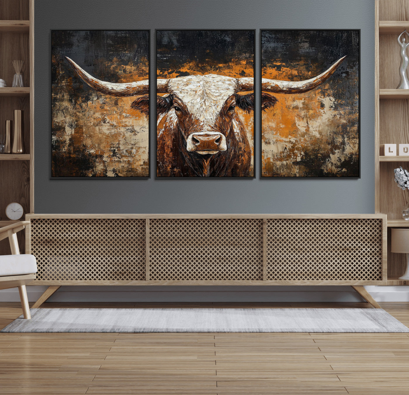 25265572-MGV-FC-60X30-3P_Black-Rustic Longhorn Bull Wall Art Canvas Print – Vintage Western Cattle Scene, Texas Steer Artwork for Home, Office
