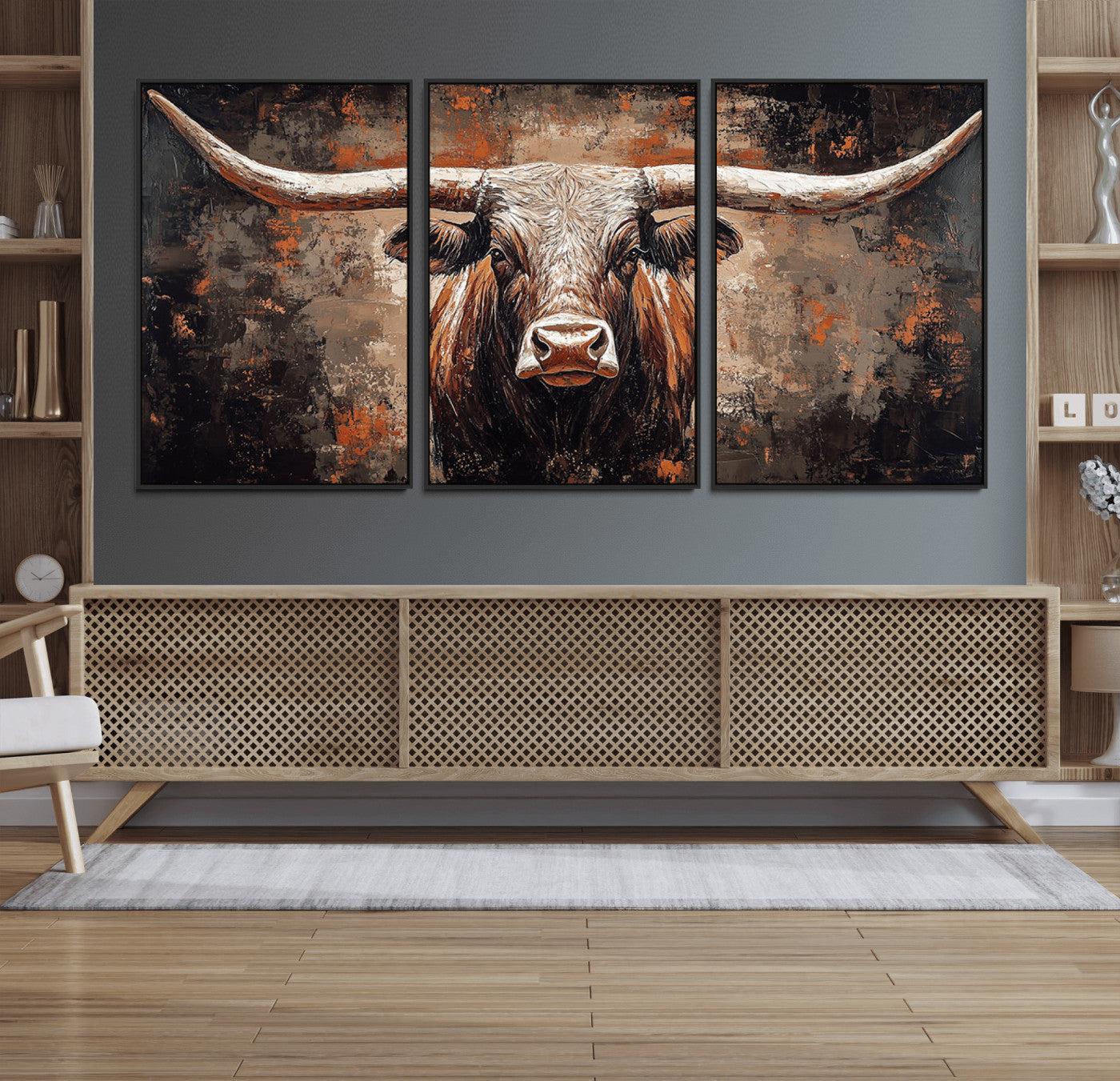 42732393-MGV-FC-60X30-3P_Black-Rustic Longhorn Bull Wall Art Canvas Print – Vintage Western Cattle Scene, Texas Steer Artwork for Home, Office