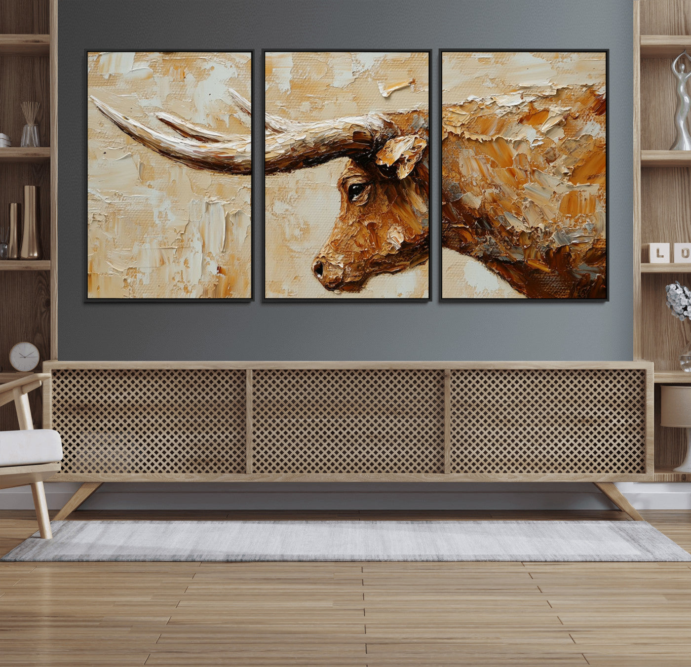 MGV-FC-60X30-3P - Rustic Longhorn Bull Wall Art Canvas Print – Vintage Western Cattle Painting, Texas Steer Artwork