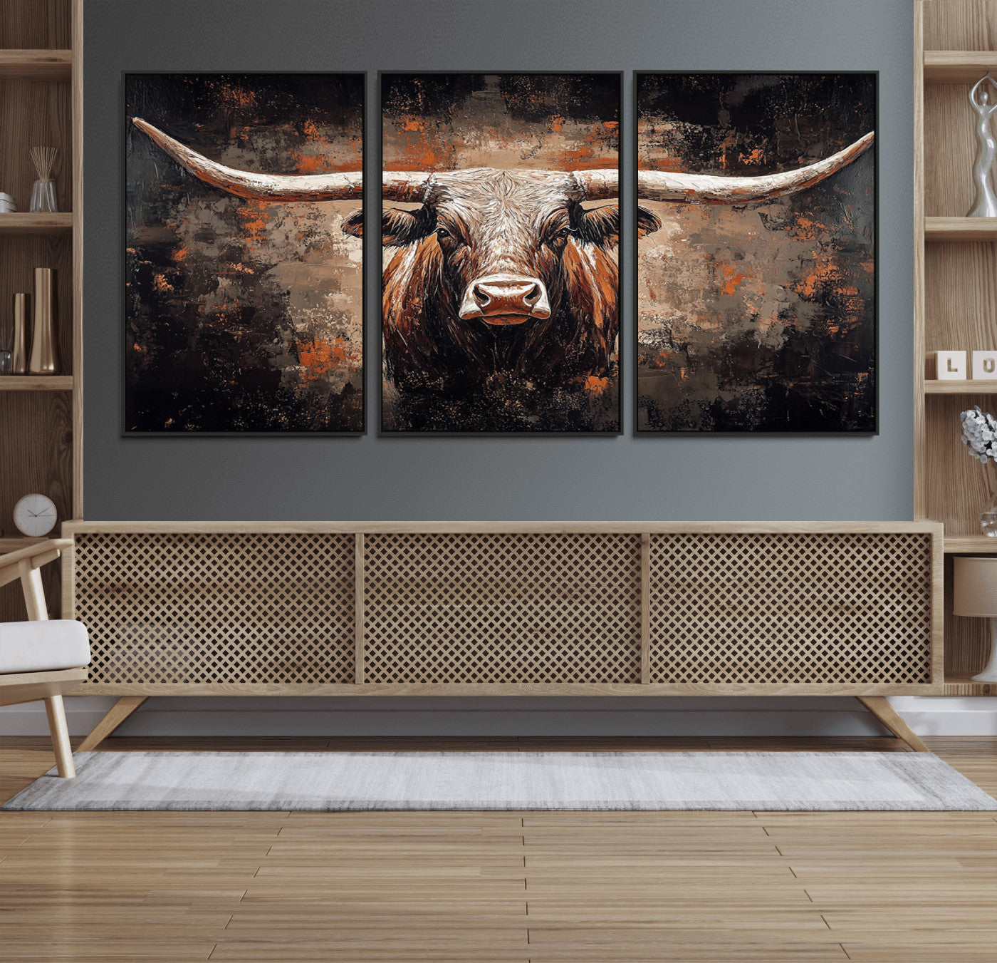 24779067-MGV-FC-60X30-3P_Black-Rustic Longhorn Bull Wall Art Canvas Print – Vintage Western Cattle Scene, Texas Steer Artwork for Home, Office