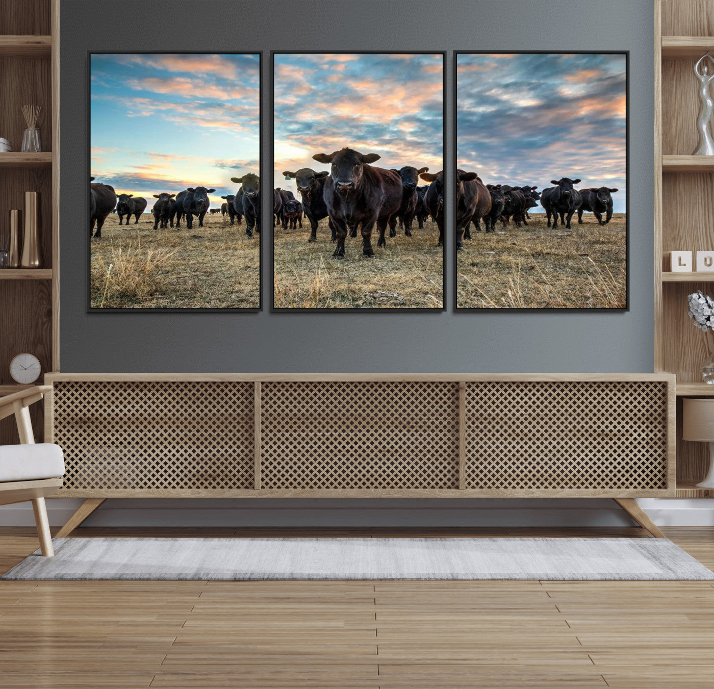 13867292-MGV-FC-60X30-3P_Black-Texas Longhorn Cattle Wall Art Canvas Print – Rustic Western Ranch Scene with Steers Sunset for Home, Office