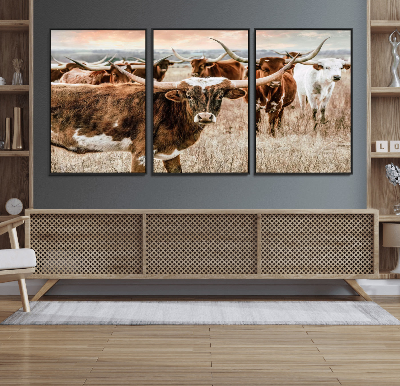 MGV-FC-60X30-3P - Texas Longhorn Cattle Wall Art Canvas Print – Rustic Western Ranch Scene with Steers at Sunset,