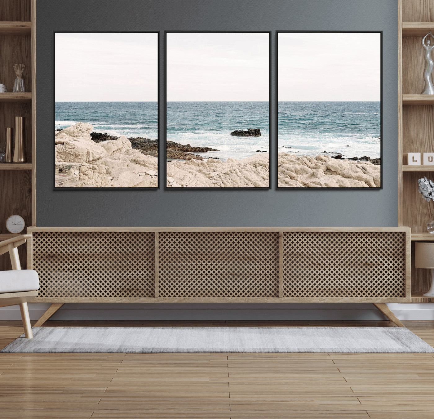 25481980-MGV-FC-60X30-3P_Black-Coastal Ocean View Wall Art Canvas Print – Serene Rocky Shoreline and Blue Sea Photography for Home, Office