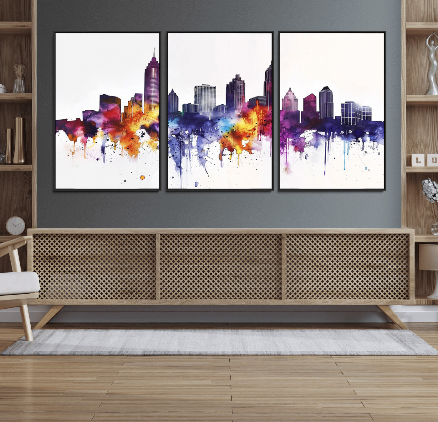 34479880-MGV-FC-60X30-3P_Black-Atlanta Skyline Wall Art Canvas Print – Framed Colorful Watercolor Cityscape Artwork for Home, Office, Living Room