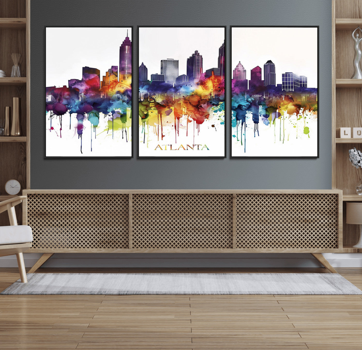 36048320-MGV-CV-36X24-Atlanta Skyline Wall Art Canvas Print – Framed Colorful Watercolor Cityscape Abstract Urban Artwork for Home, Office