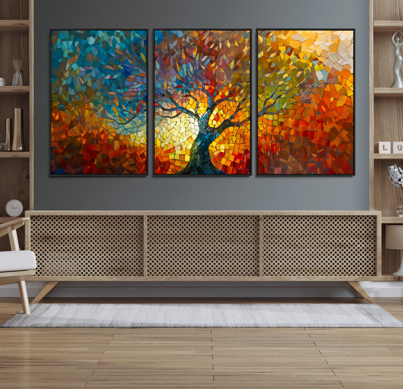 MGV-FC-60X30-3P - Yggdrasil Tree of Life Mosaic Stained Glass Wall Art Canvas, Yggdrasil Tree of Life Mosaic Canvas