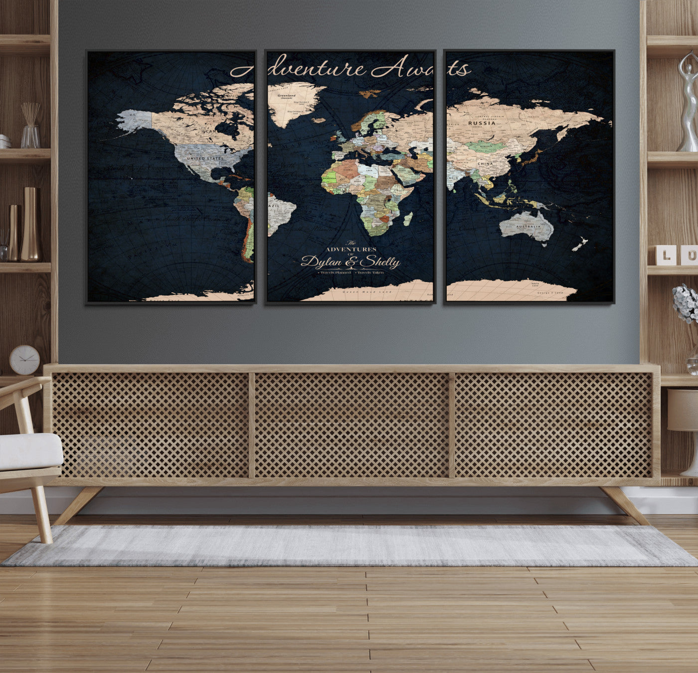 43186793-MGV-CV-30X20-Personalized World Map Print, Customizable Push Pin Framed World Map Print on Canvas - Custom Quote on Map Print