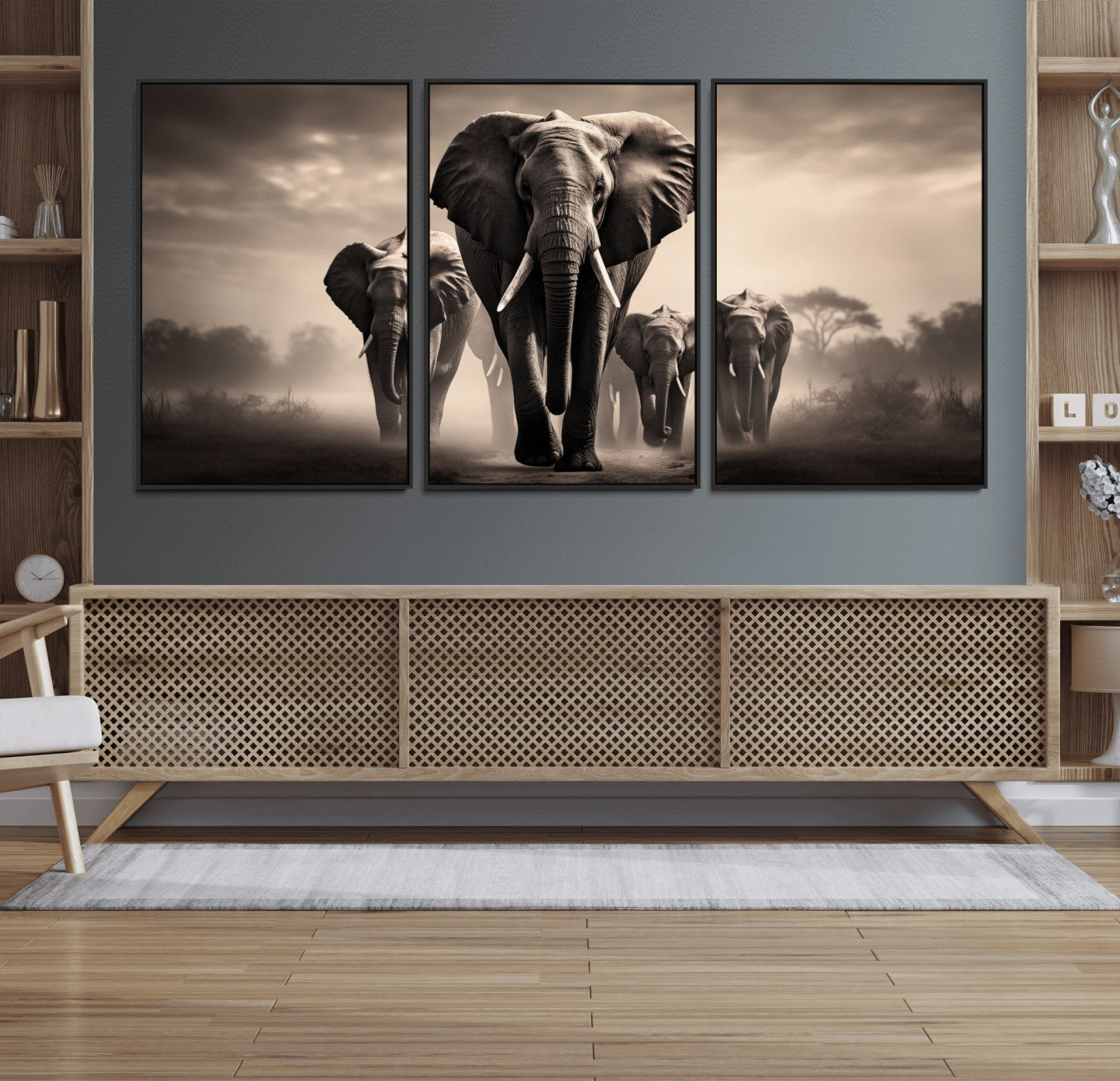 MGV-FC-60X30-3P - Elephant Family Wall Art Canvas Print, Framed Elephant Wall Art Home Decor