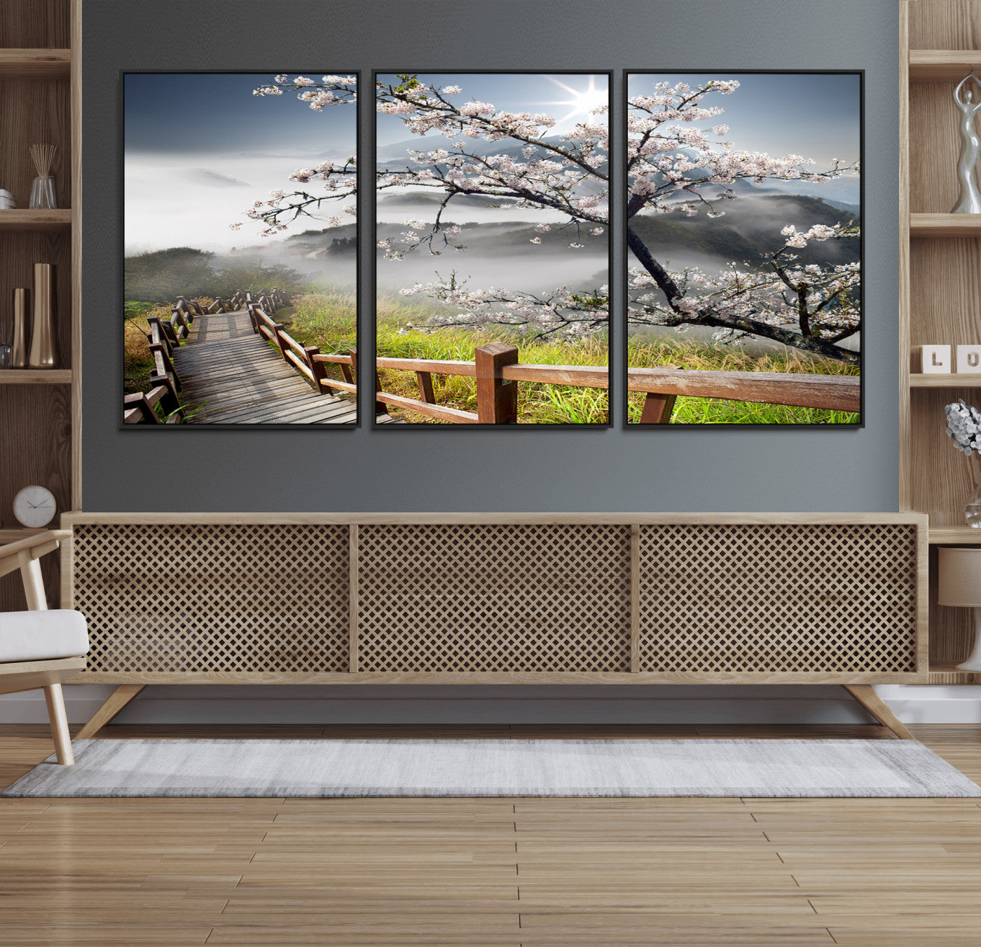 34632598CRY-MGV-FC-60X30-3P_Black-Sakura Cherry Blossom Pathway Canvas Wall Art – Tranquil Walk Through Blossoming Nature – Ready to