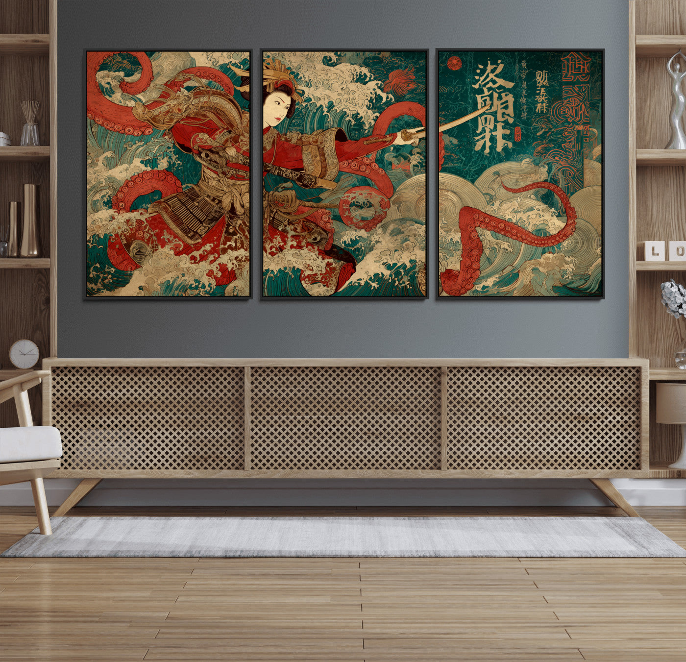 MGV-FC-60X30-3P - Tsukioka Yoshitoshi Samurai Wall Art Print, Japanese Katana Warrior Canvas Wall Art, Octopus Sea Monster Canvas Print,