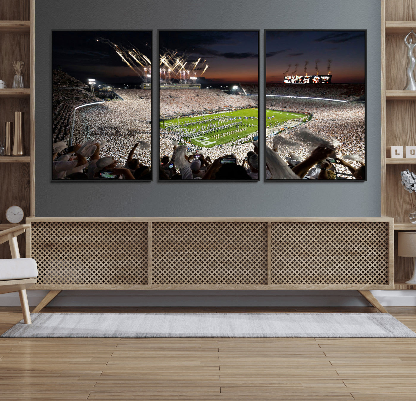 26666-MGV-FC-60X30-3P_Black-Penn State Stadium Wall Art Canvas Print – White Out Football Game Framed Sports Stadium Artwork for Home, Office