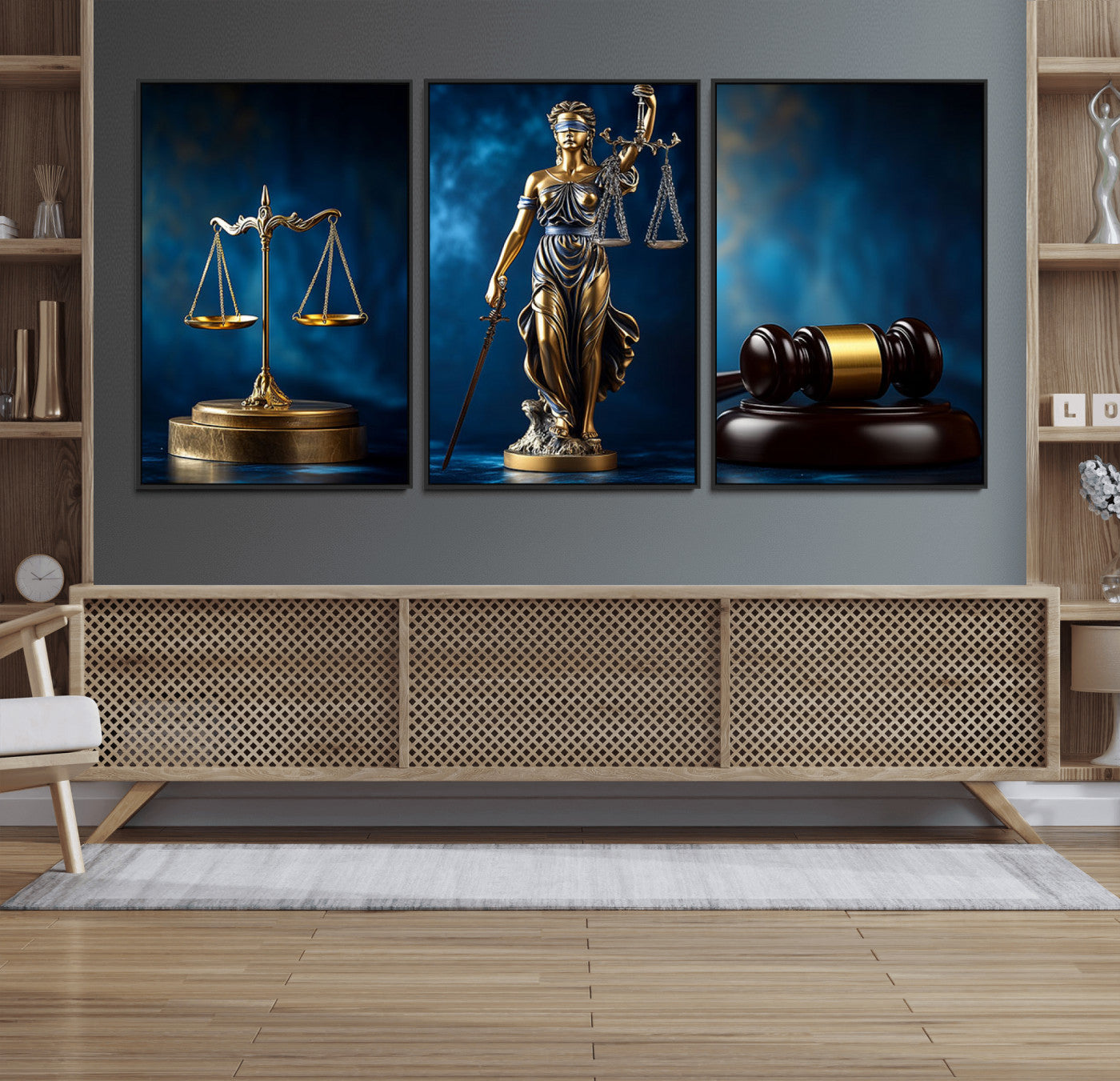 91991274-MGV-FC-60X30-3P_Black-Justice Scales Statue Wall Art, Lady Justice Canvas Print, Legal Law Sculpture Artwork, Courtroom Decor for Home, Office