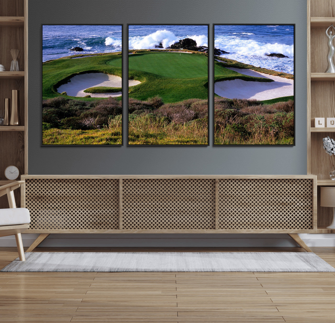 22776914-MGV-FC-60X30-3P_Black-Ocean Cliff Golf Green Canvas Print – Framed Majestic Coastal Scene with Lush Green Artwork for Home, Office
