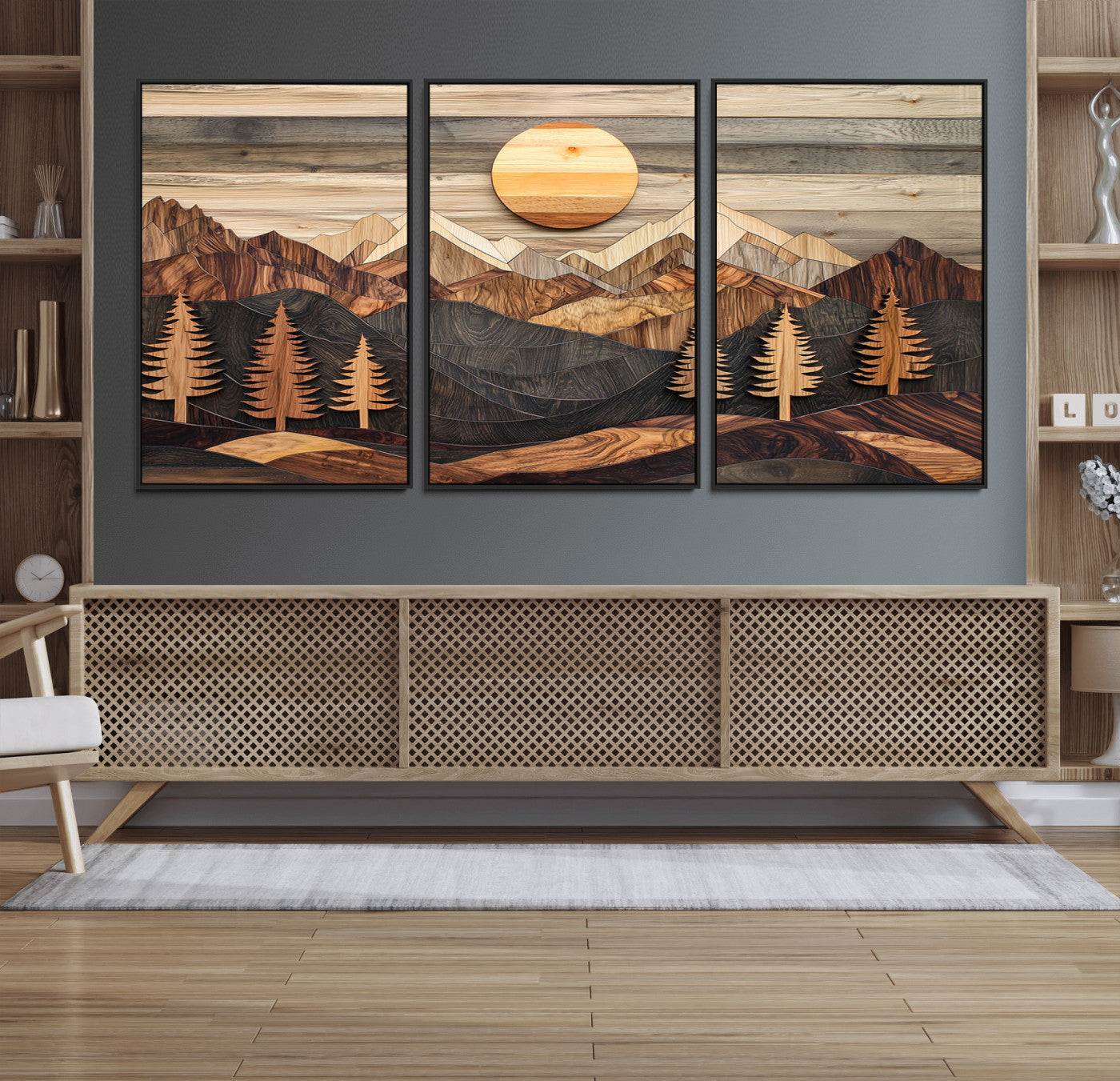 19832326-MGV-FC-60X30-3P - Wooden Mountain Landscape Layered Texture Geometric Shapes Sun Pine Trees Rustic Natural Tones Art