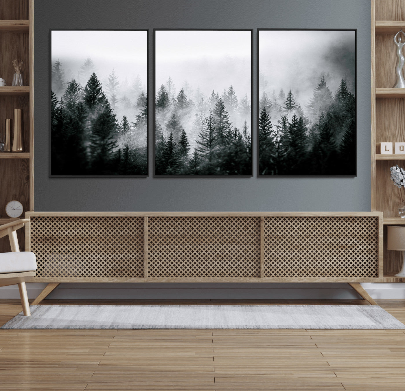 MGV-FC-60X30-3P - Foggy Pine Forest Canvas Wall Art – Black and White Nature Landscape Print, Horizontal Canvas for