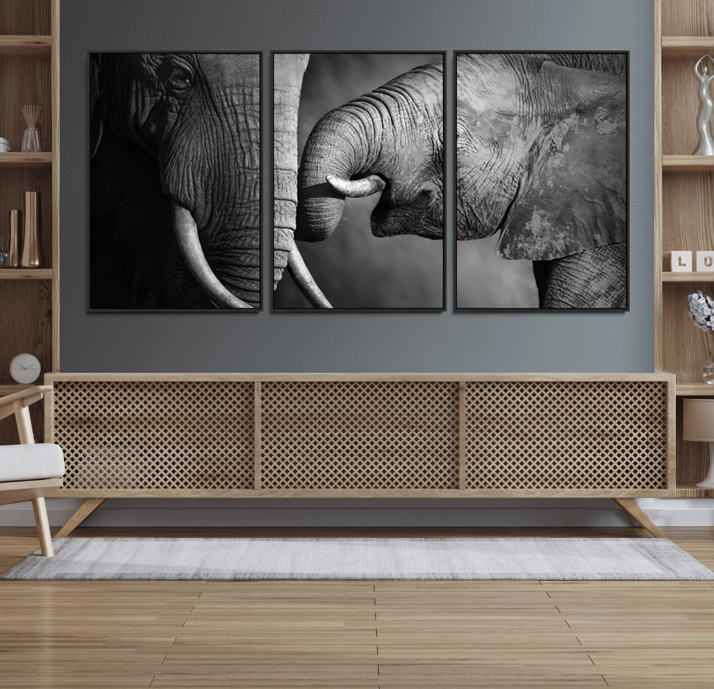 42691-MGV-FC-60X30-3P_Black-Elephant Family Wall Art Canvas, Framed Elephant Family Canvas Print