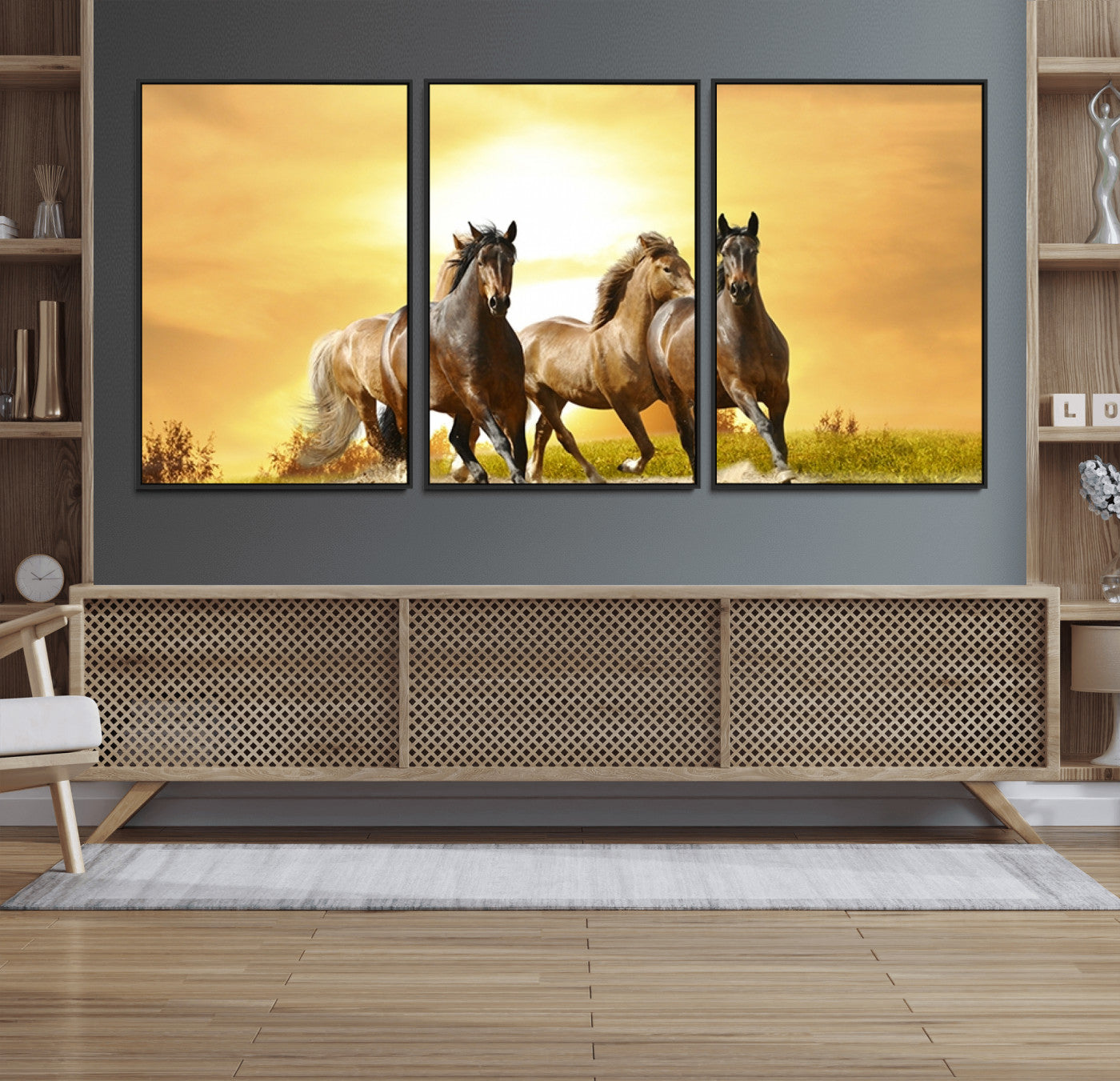 44763-MGV-FC-60X30-3P_Black-Wild Horses Wall Art Canvas Print – Framed Galloping Herd Animal Artwork for Home, Office, Living Room, Guest Room