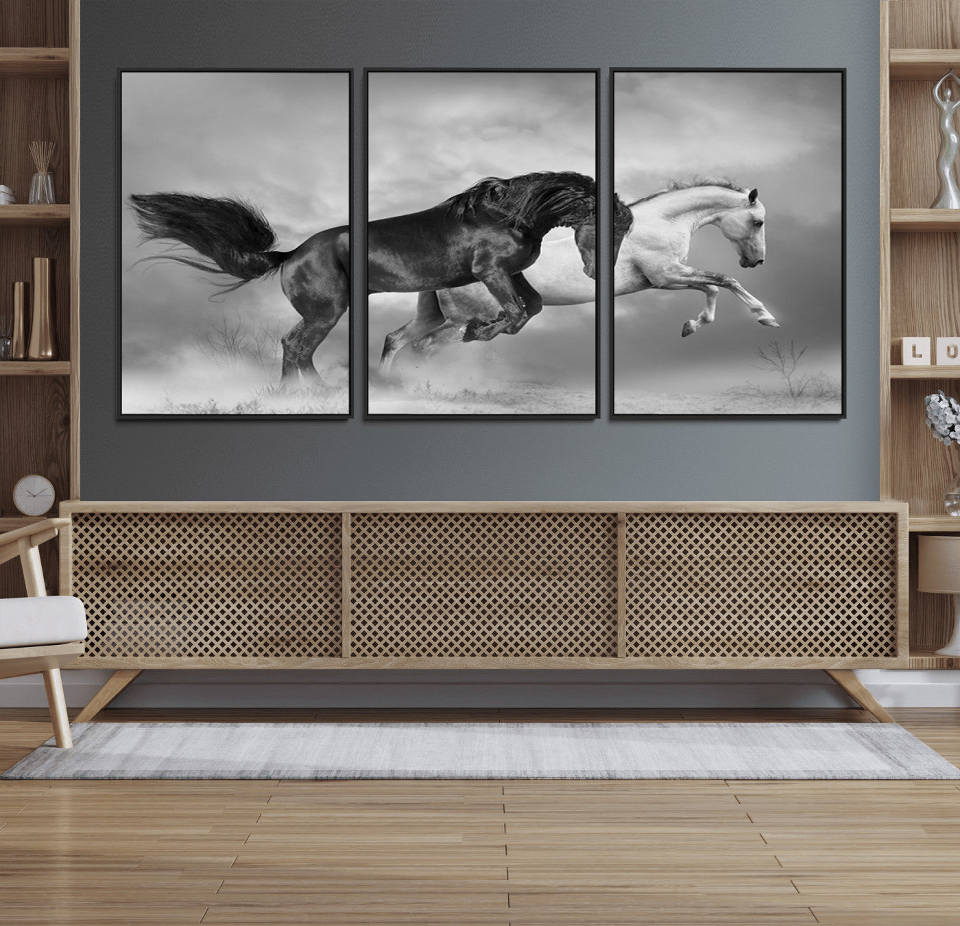 93546-MGV-FC-60X30-3P_Black-Wild Horses Wall Art Canvas Print – Framed Black and White Galloping Horses Dynamic Animal Artwork for Home, Office
