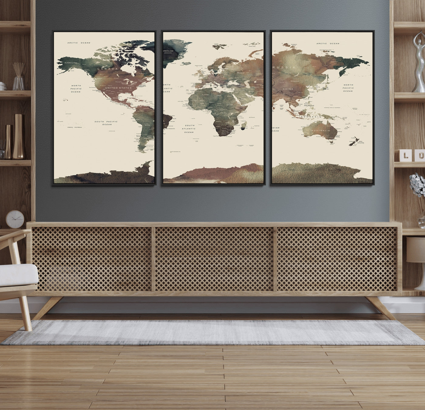 23199-MGV-FC-60X30-3P_Black-Neutral Watercolor World Map Canvas Wall Art – Framed Earth Tone Map Print, Minimalist Travel Artwork for Modern Home and Office Decor