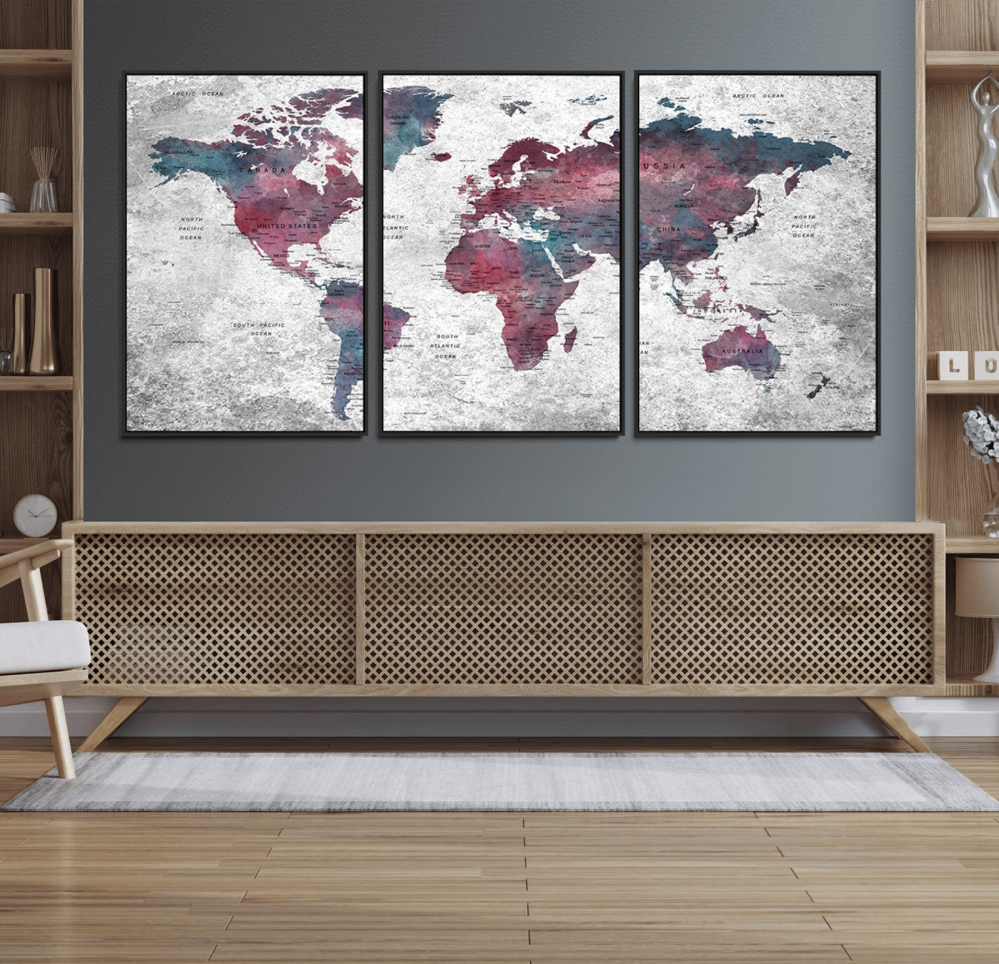 38212-MGV-FC-60X30-3P_Black-Modern Red and Gray World Map Canvas Print – Framed Push Pin Wall Art for Couples, Contemporary Travel Map Artwork for Home and Office Decor