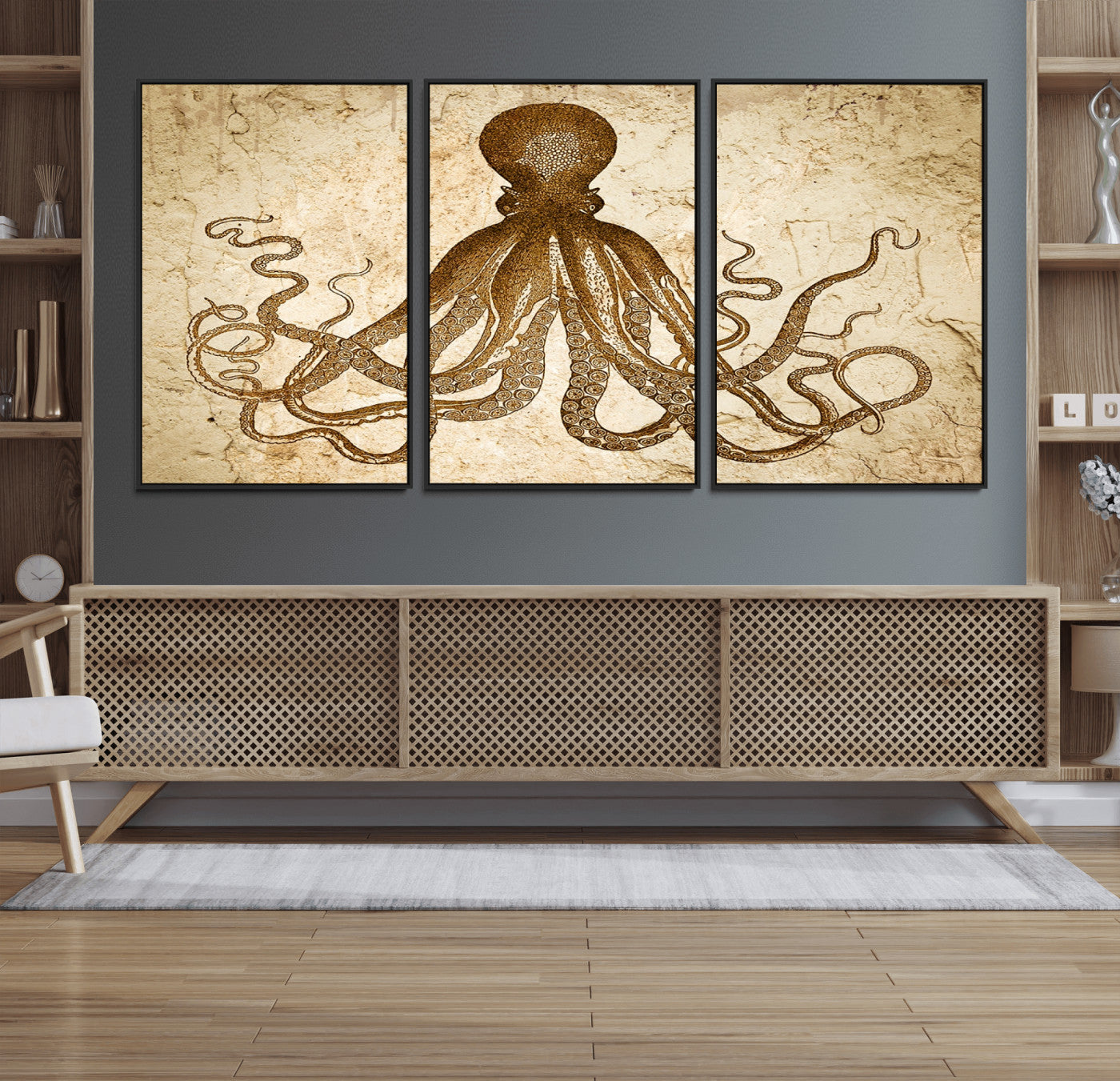 96154-MGV-FC-60X30-3P_Black-Sepia Octopus Wall Art Abstract Animal Canvas Print