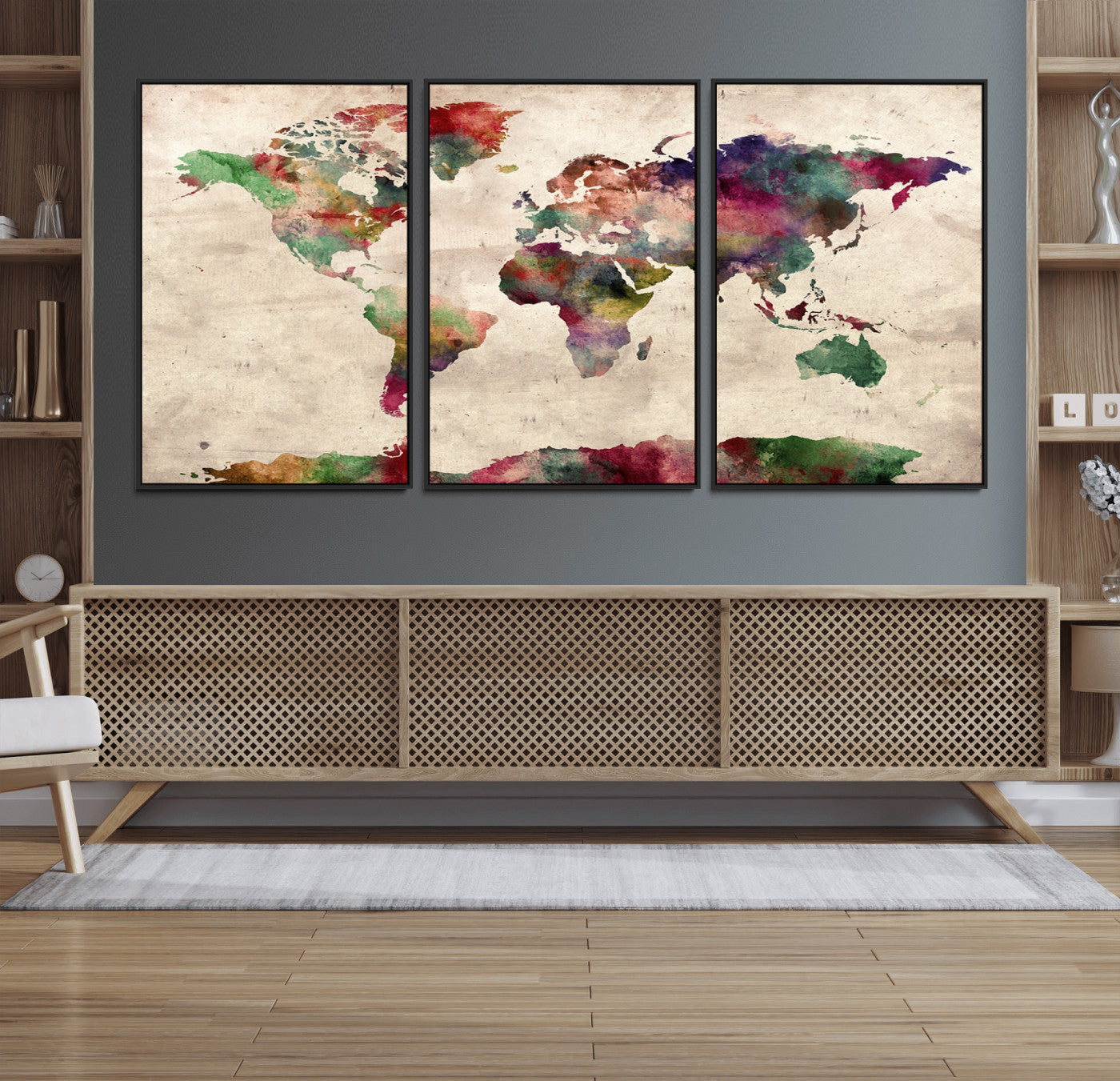 69476-MGV-FC-60X30-3P_Black-Watercolor World Map Canvas Print – Framed Push Pin Wall Art for Couples, Colorful Travel Map Artwork for Elegant Home and Office Decor