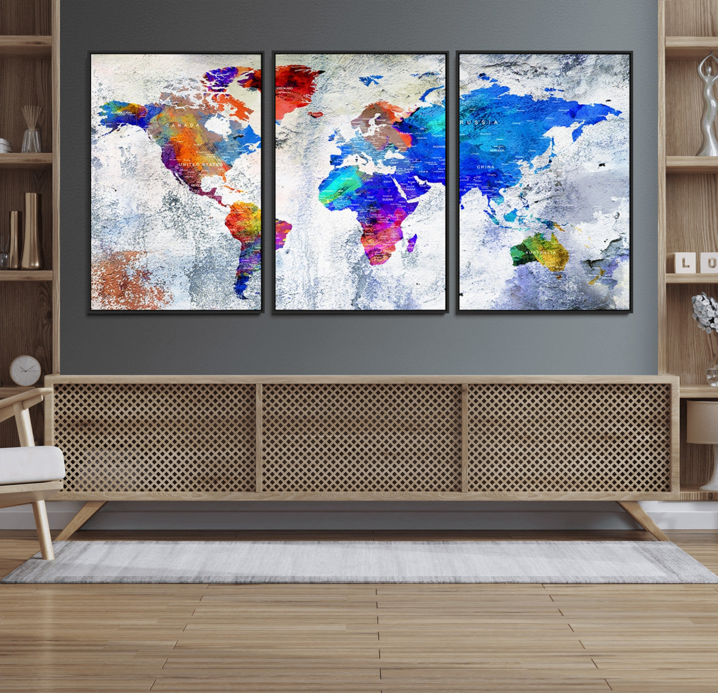 27352-MGV-FC-60X30-3P_Black-World Map Canvas Print – Colorful Abstract Push Pin Travel Map, Framed Wall Art for Home or Office Decor