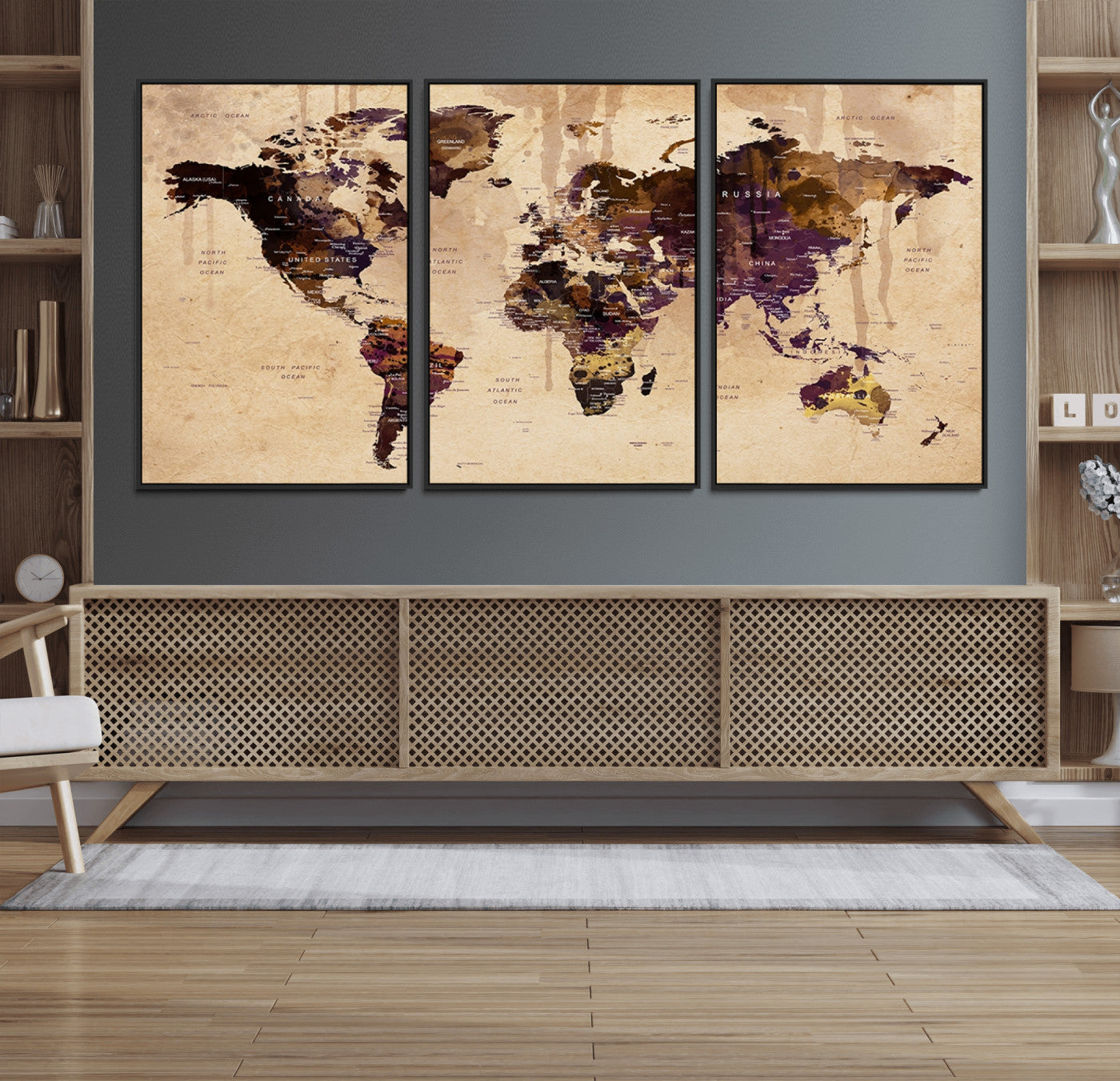 47333-MGV-FC-60X30-3P_Black-Vintage World Map Canvas Wall Art – Framed Push Pin Travel Map for Home and Office Decor