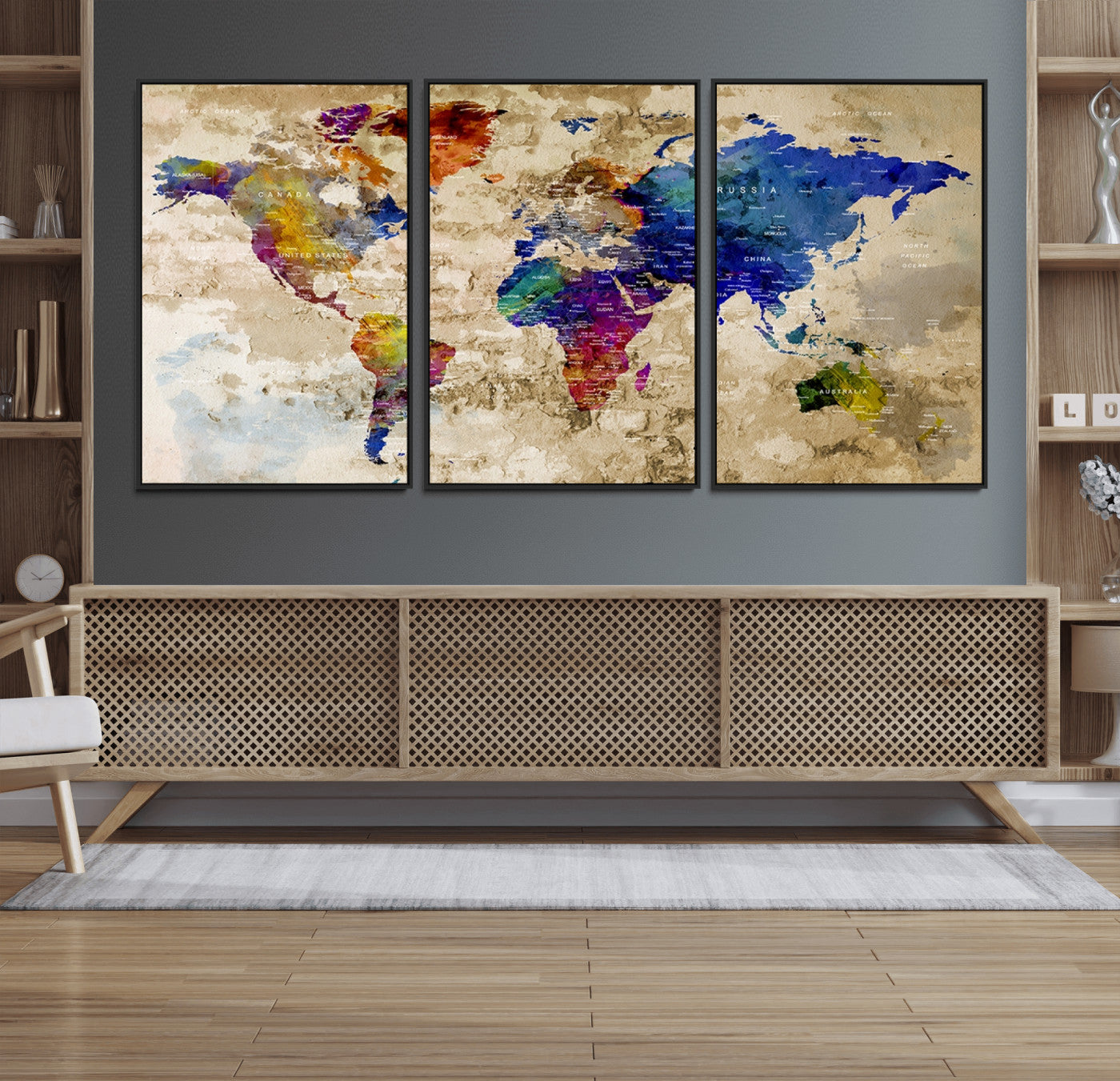 92939-MGV-FC-60X30-3P_Black-Colorful World Map Canvas Wall Art – Abstract Watercolor Map Print, Modern Travel Decor for Home Office or Study