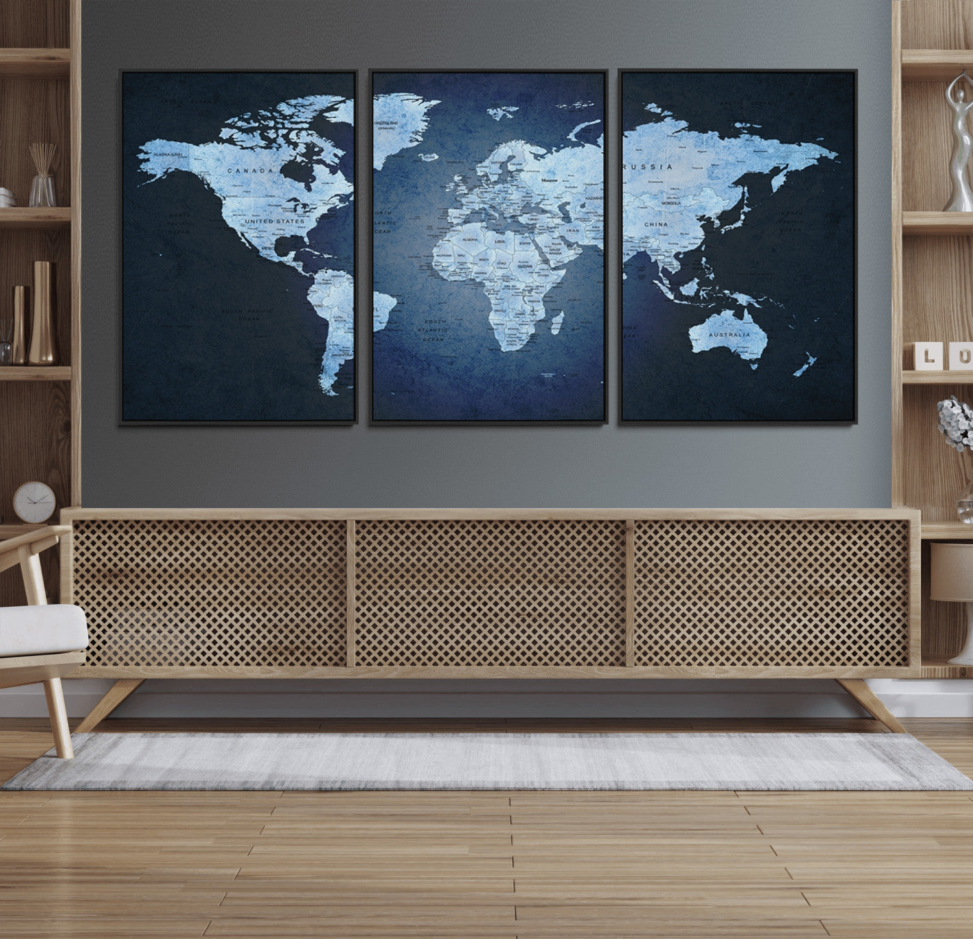 26249-MGV-FC-60X30-3P_Black-Blue World Map Canvas Wall Art – Framed Modern Push Pin Travel Map for Home and Office Decor, Elegant Navy Global Wall Artwork for Travelers